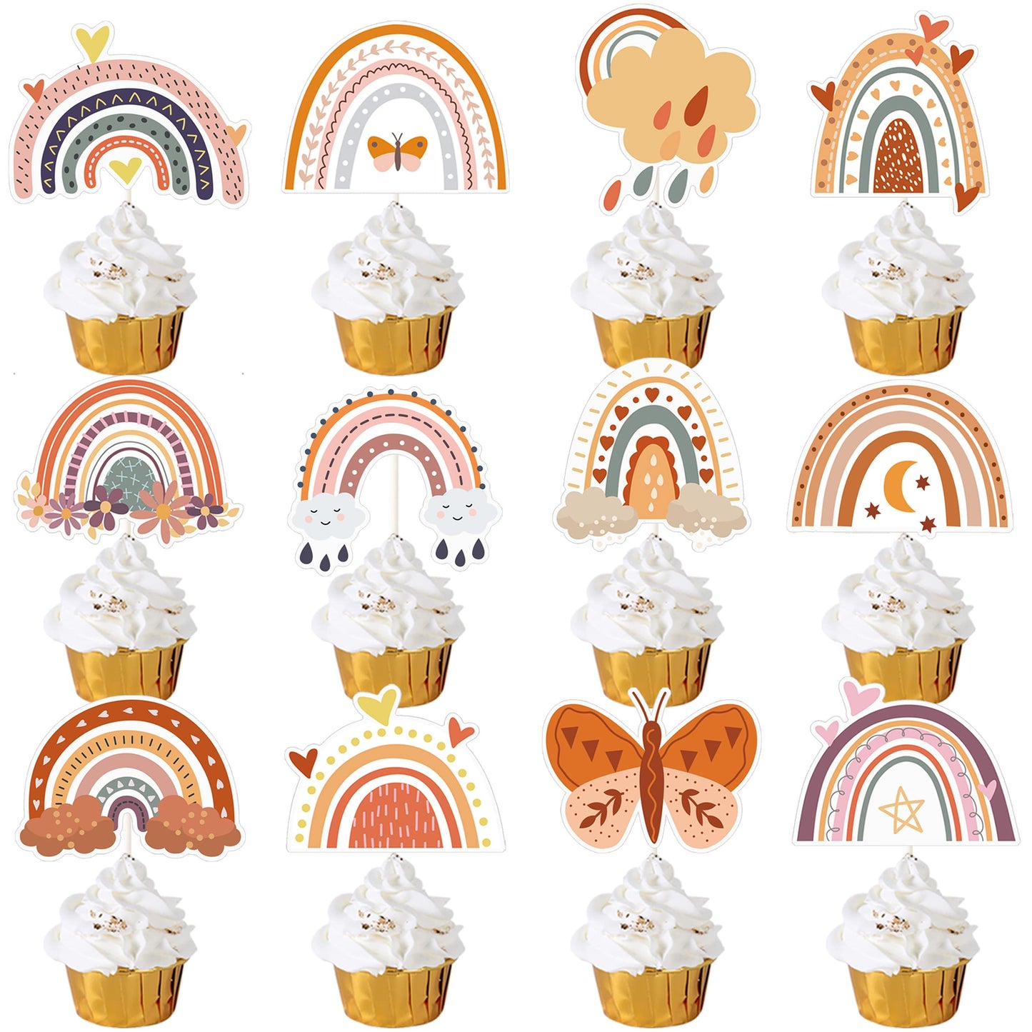 24Pc Boho Rainbow Cupcake Toppers For Boho Rainbow Party & Baby Showers