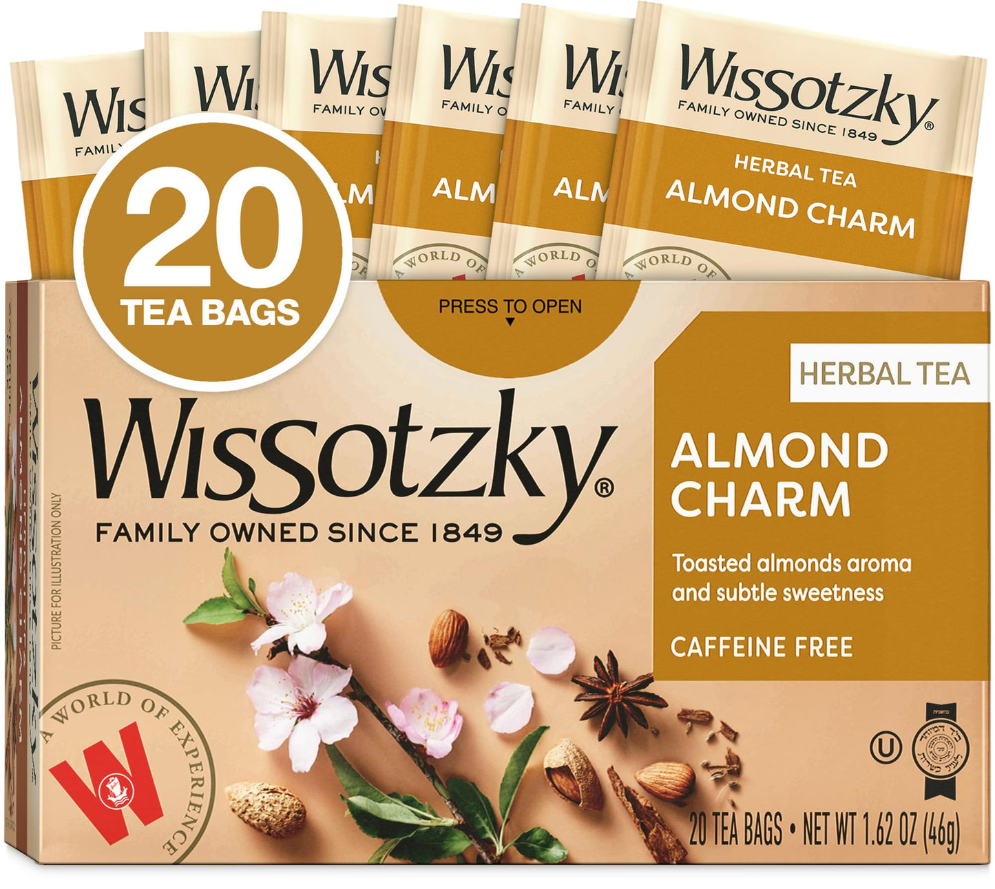 Wissotzky Almond Charm Herbal Tea Bags, Caffeine Free, 20 Count, Delicious Aroma