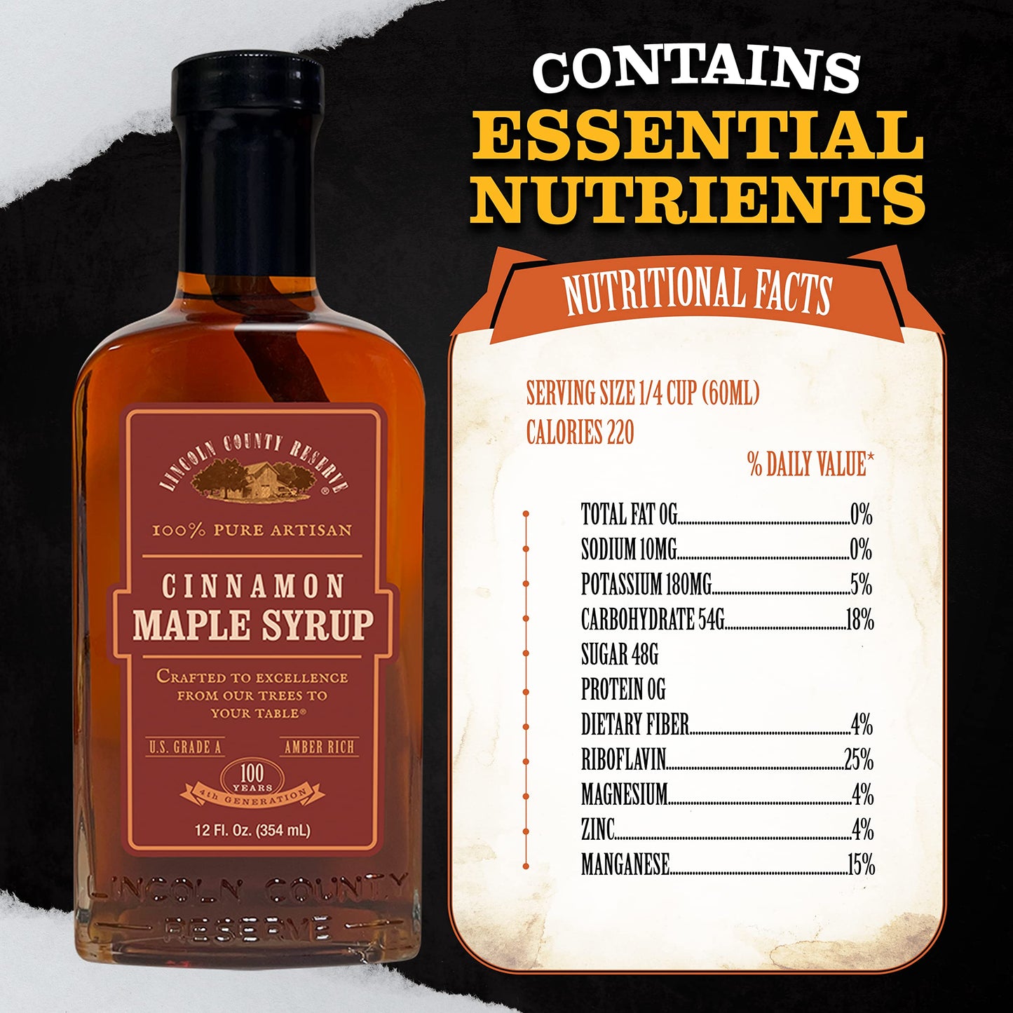 Lincoln County Reserve Cinnamon Maple Syrup, 12 Fl Oz, Amber Rich Grade A, Made in USA, Brown