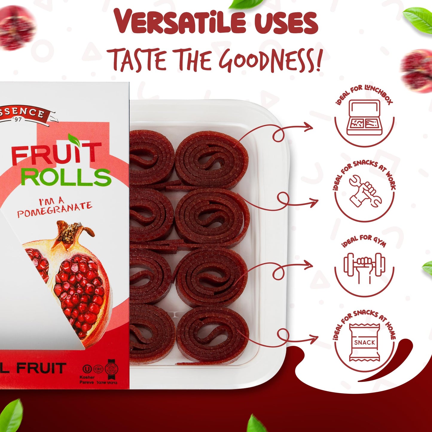 Essence 97 Fruit Roll Ups, Vegan Non-GMO Snacks, Natural Pomegranate, 16 Count