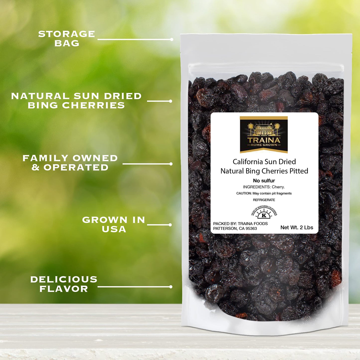Traina Home Grown California Sun Dried Natural Pitted Cherries - Healthy, Natural, No Added Sugar, Non Gmo, Gluten Free, Kosher Certified, Vegan, Dark Red, Packed In Resealable Pouch (2 Lbs)