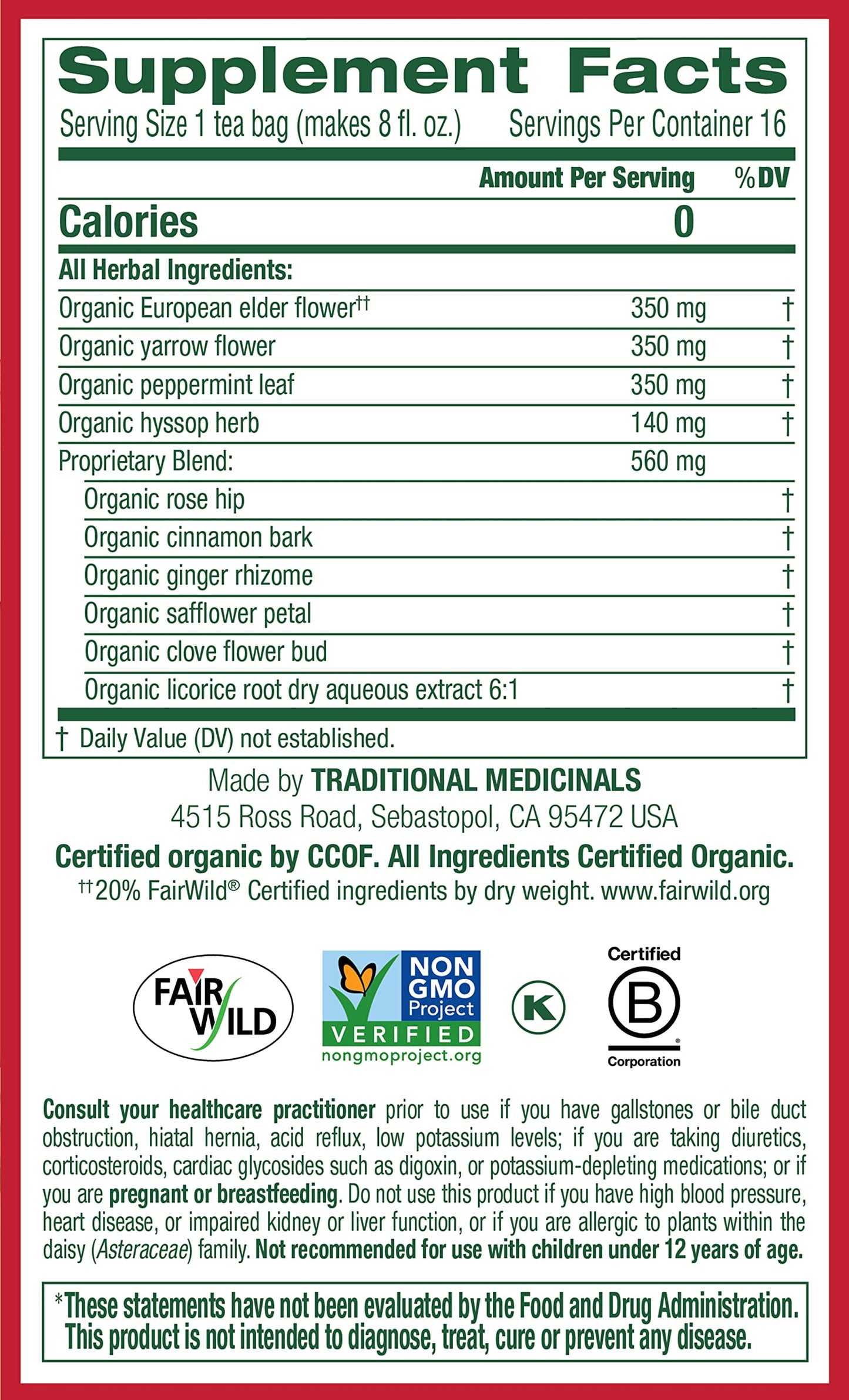 Traditional Medicinals Tea, Herbal Cold Care Seasonal Tea With Elderflower Spice, 16 Tea Bags
