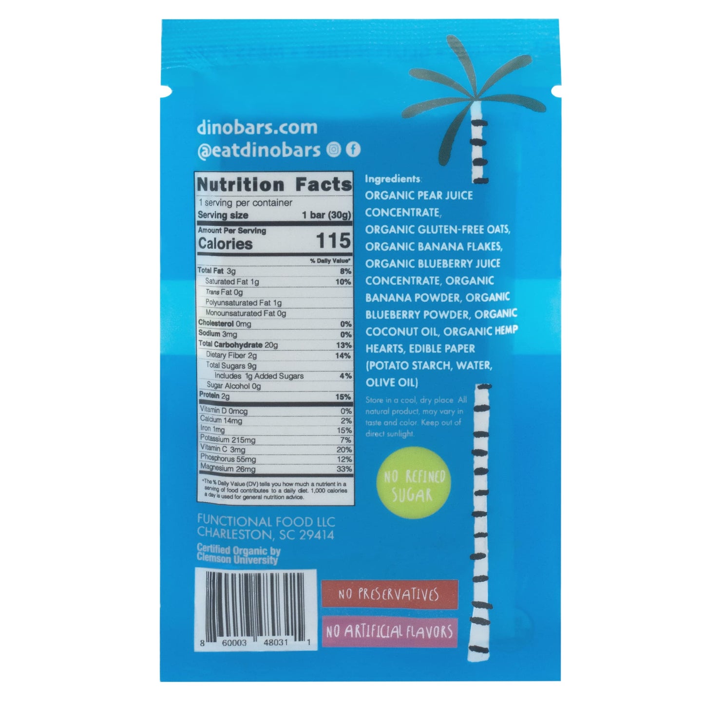 DINO BARS Organic Fruit Bar for Kids, Blueberry, 20 Count, Made with Fruit, Oats, Hemp Hearts, Coconut Oil, and Edible Paper