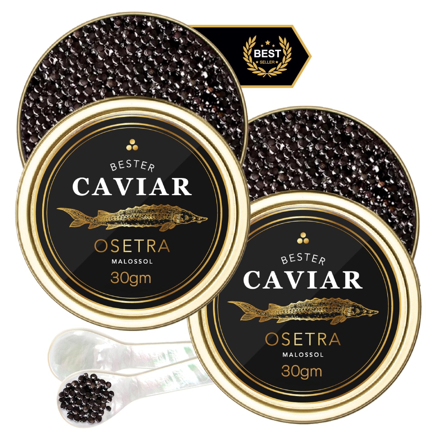 BESTER CAVIAR enhanced Osetra Sturgeon Caviar - Traditionally Harvested Malossol Ossetra Black Roe with 2 Mother of Pearl Spoons - Duo Set - 2 Tins (1.06 oz Each)