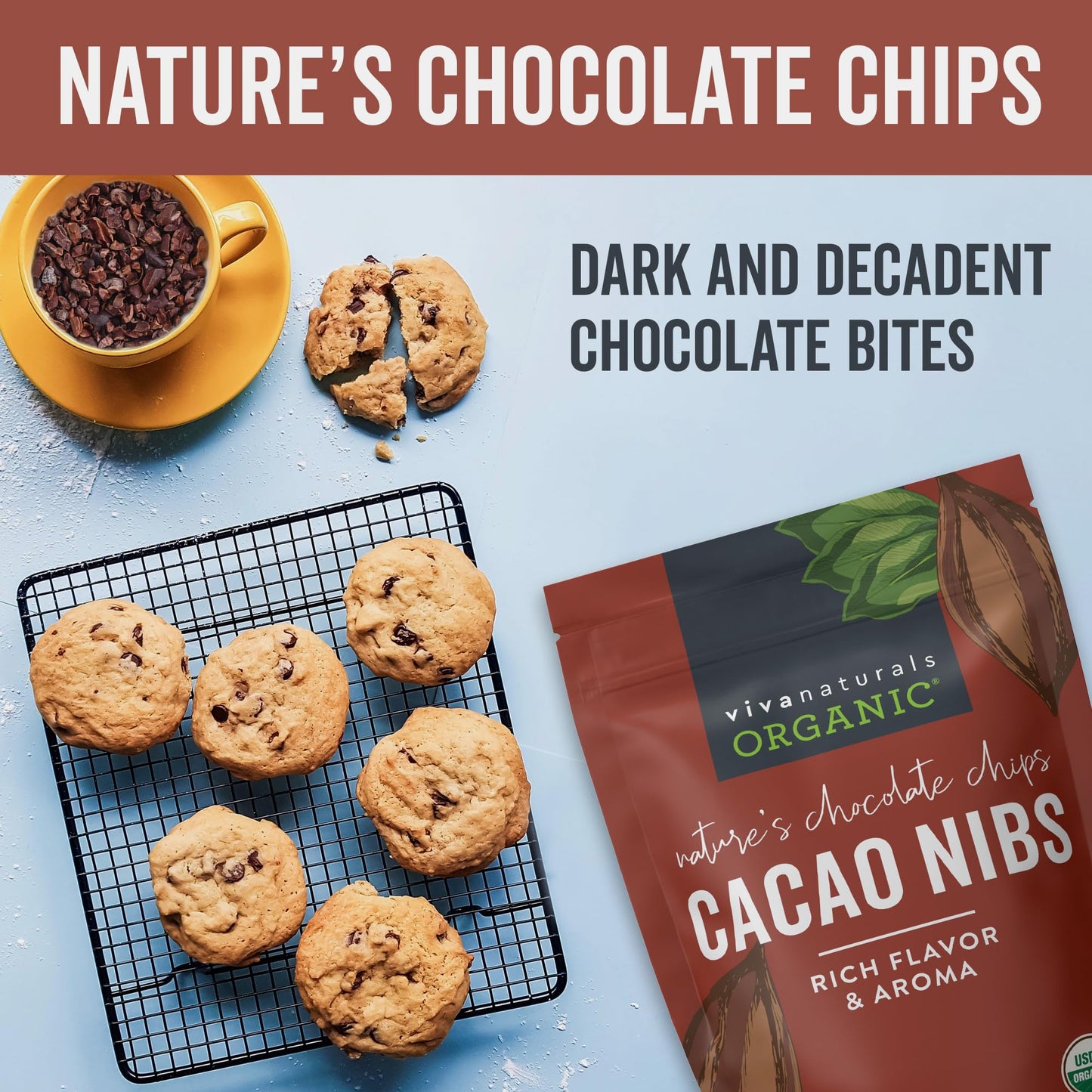 Viva Naturals Organic Cacao Nibs, 8 Oz (227 G) - Keto Friendly And Vegan, Unsweetened Chocolate Chip Substitute, Perfect For Glu