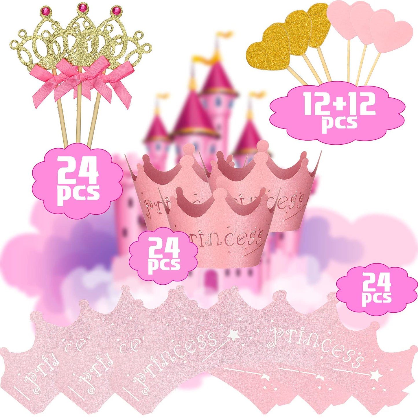 72 Pieces Glittery Princess Cupcake Toppers Crown Cupcake Wrapper Holder Pink Gold Crown Tiara Cupcake Pick Glitter Heart Cupcak