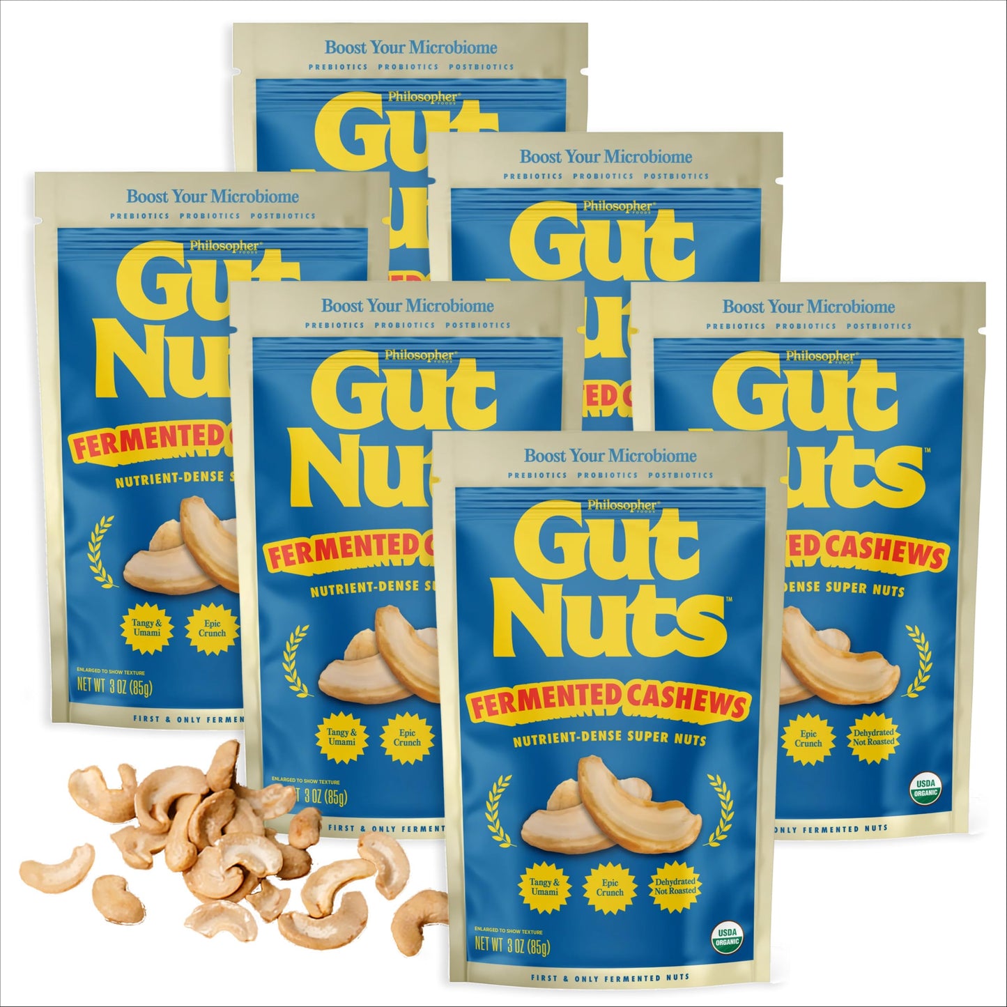 Philosopher Foods Gut Nuts - Fermented & Sprouted Cashews - Low Carb Keto Snacks - 3oz Pouch (Pack of 6)