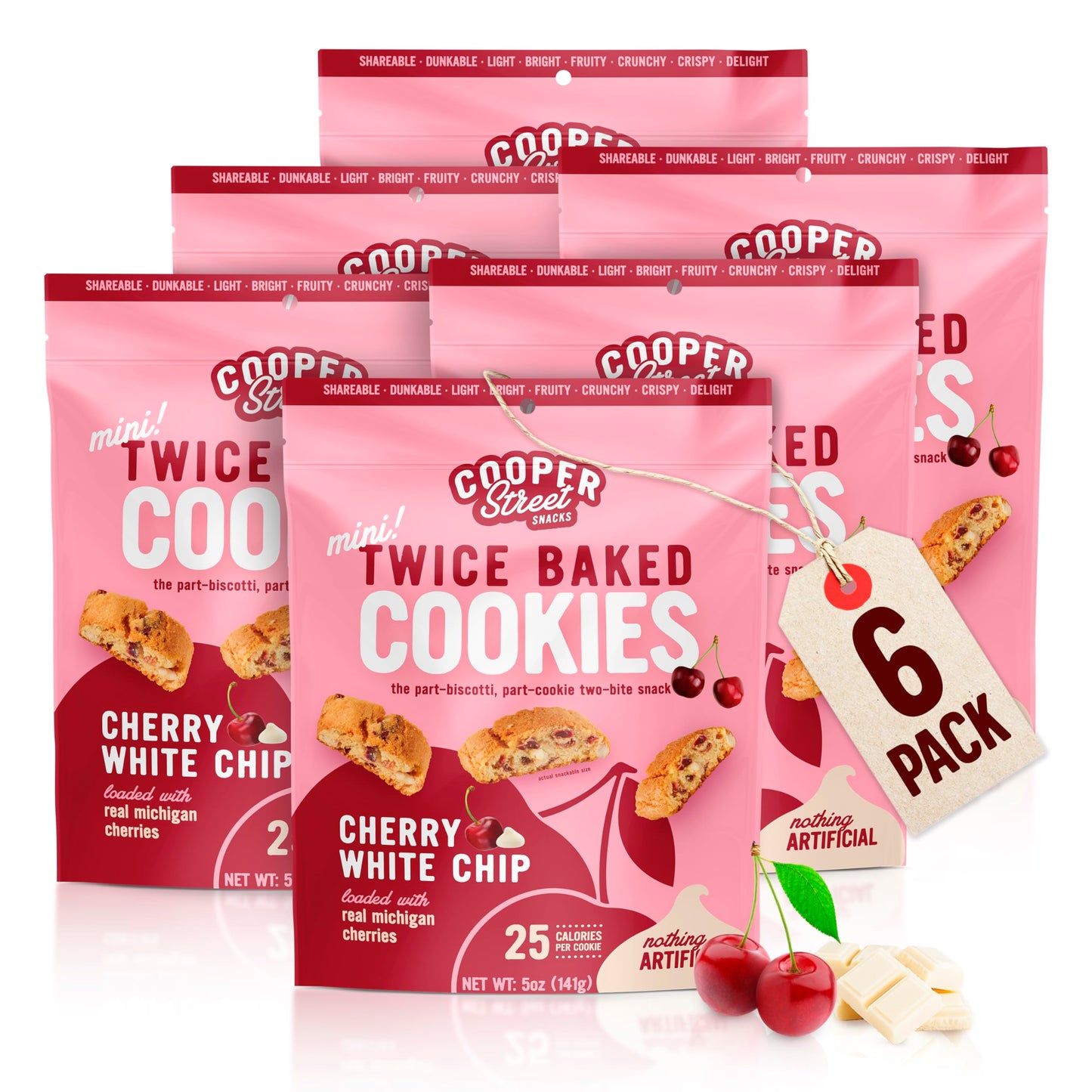 Cooper Street Cookies All Natural Twice Baked Crispy Cookie, Peanut & Dairy Free, Biscotti Style 5Oz, White Chunk Michigan Cherry (Pack Of 6)