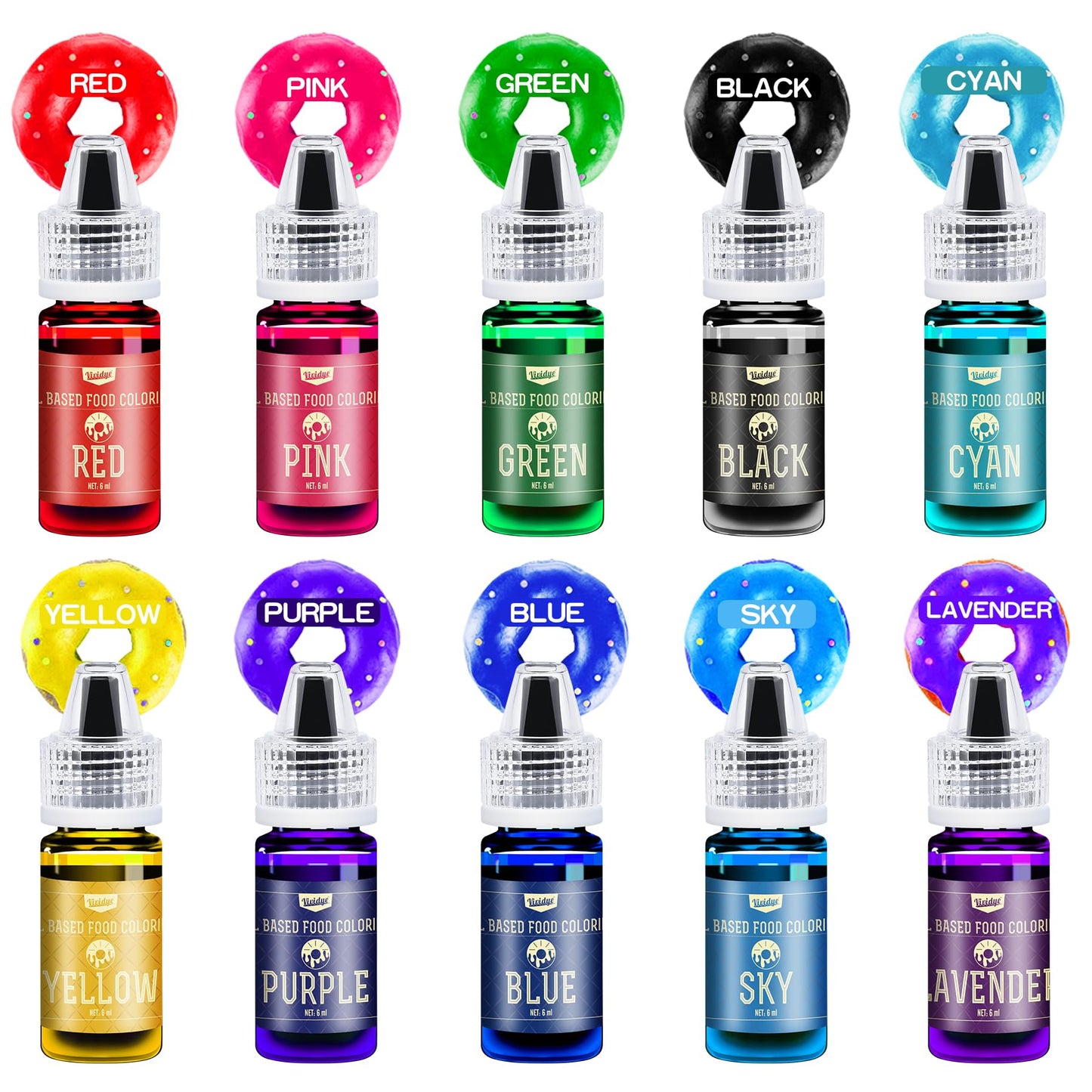 Vividye Oil Based Food Coloring Set - 10 Colors, 6ml Each, Fat Soluble for Baking, Candy Melts, and Fondant
