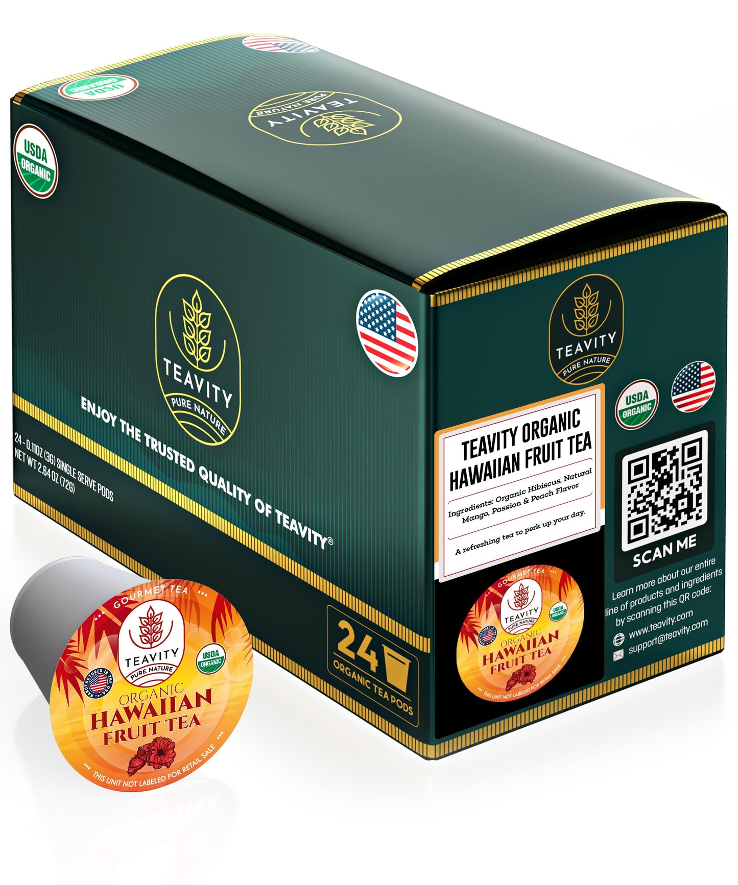 Organic Hibiscus Sabdariffa Tea Pods with Peach, Mango, & Passionfruit - Naturally Decaf Tea - Hawaiian Fruit Tea by Teavity (24