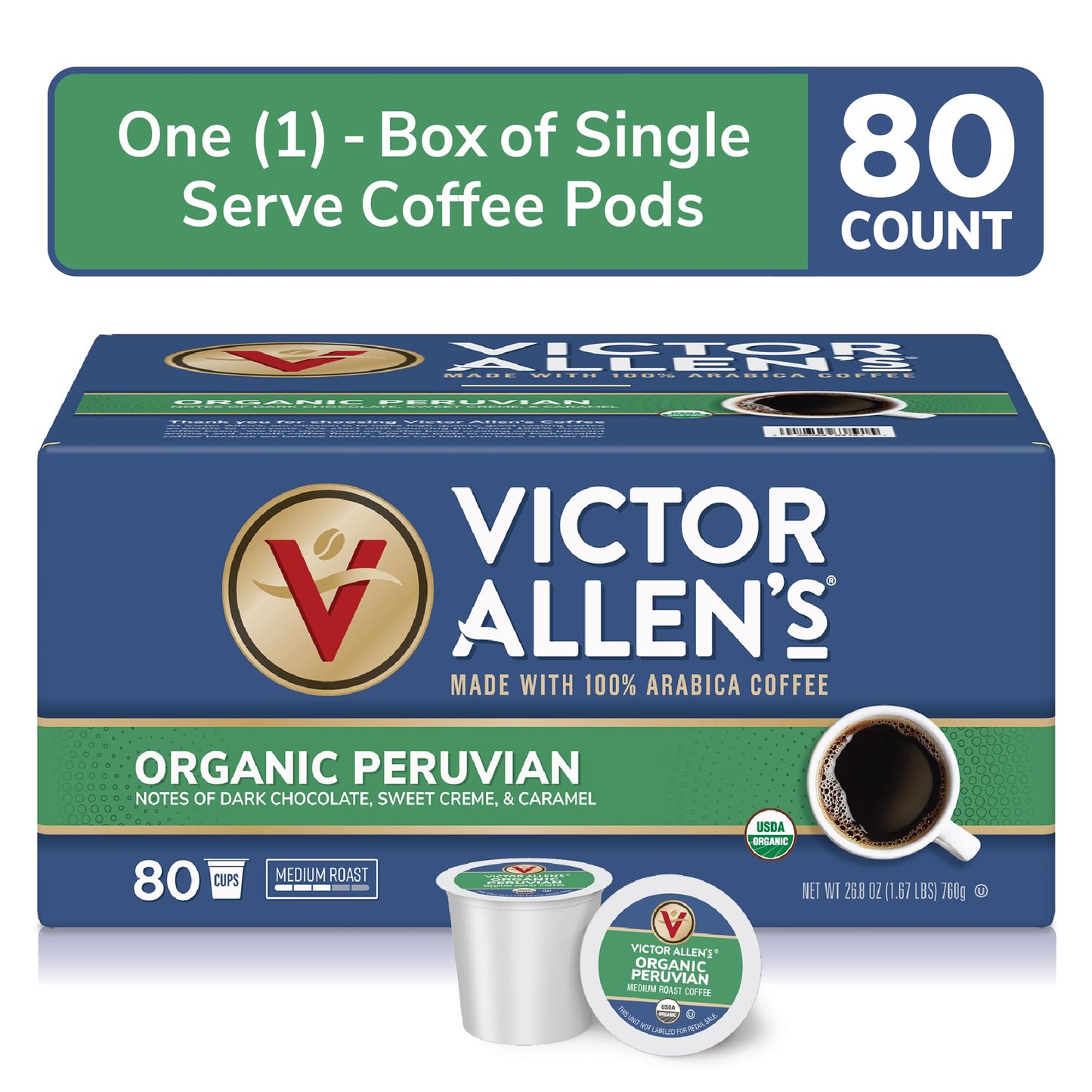 Victor Allens Coffee Organic Peruvian Medium Roast Single Serve Pods 80 Count for Keurig K-Cup malt-inspired Brown