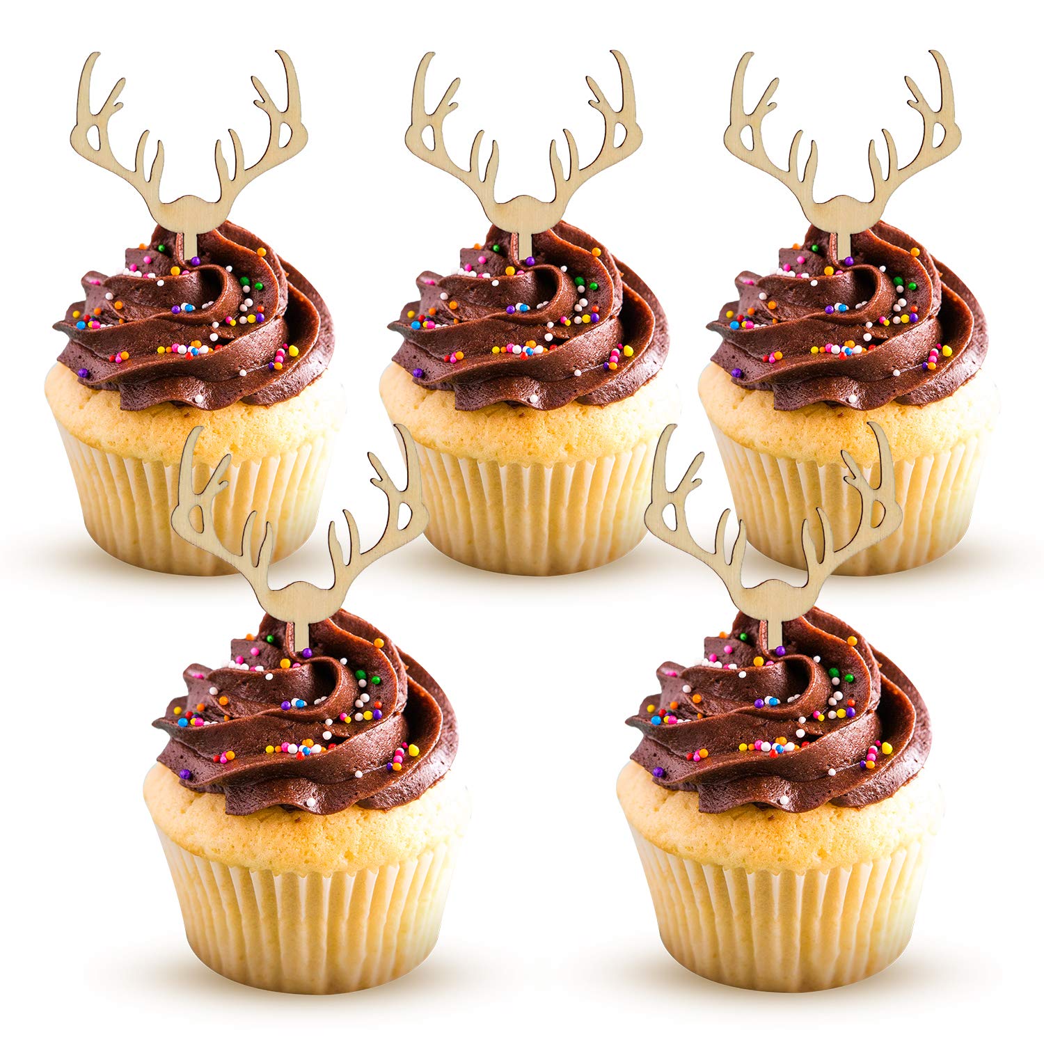 AUMIO Wooden Deer Cupcake Toppers Set of 24, Natural Earthy Tone, AU-01, Baby Shower/Wedding Party Decorations
