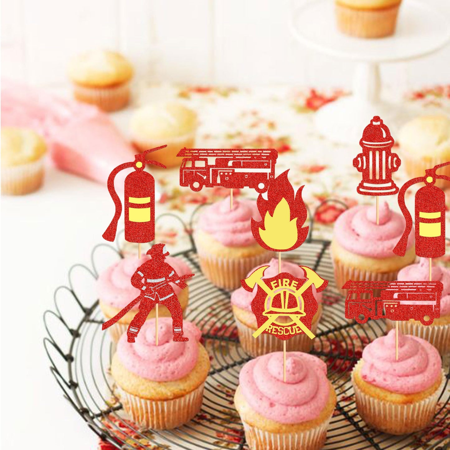 Ercadio 24 Pack Fireman Cupcake Toppers Red Glitter Fire Department Cake Topper Fireman Cupcake Picks For Fire Theme Baby Shower