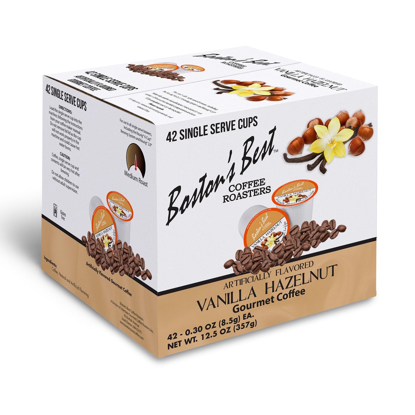Bostons Best Vanilla Hazelnut Medium Roast Coffee, 42 Single Serve Cups, Compatible with Keurig Coffee Maker