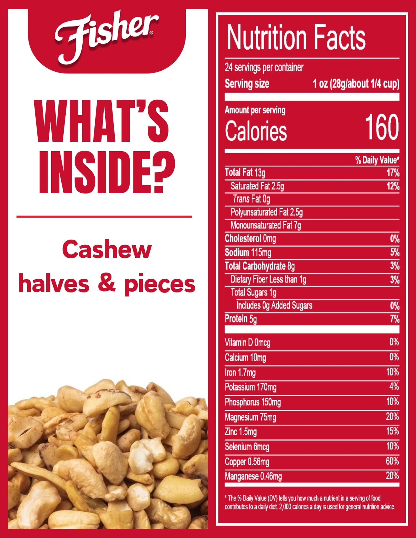 Fisher Snack Cashew Halves And Pieces, 24 Ounces, Roasted With Sea Salt, No Artificial Colors Or Flavors, 100% Recyclable