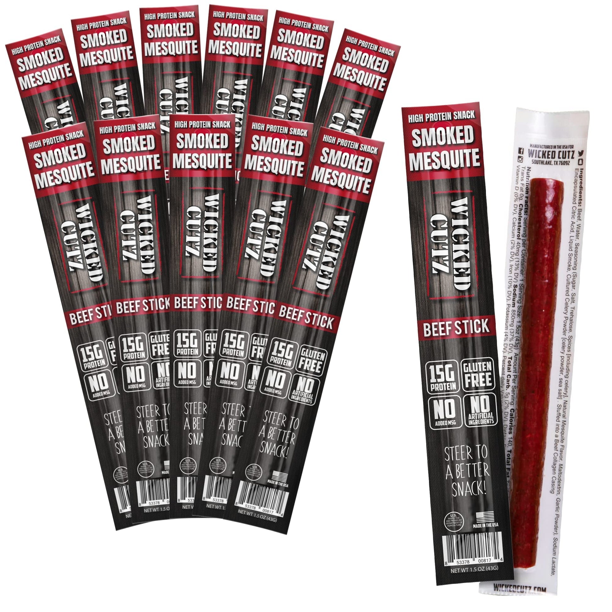 Wicked Cutz Smoked Mesquite Beef Sticks, High Protein, 15g Protein, 1.5 Ounce (Pack of 12)