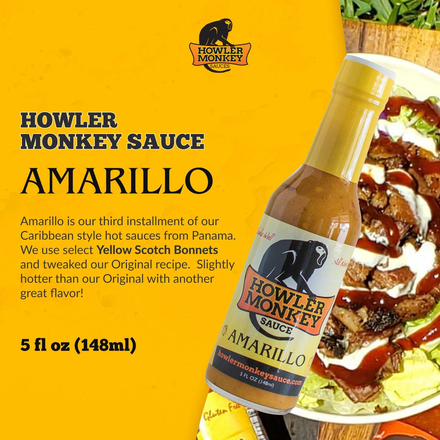 Howler Monkey Sauce Amarillo - Panama Style Hot Sauce - Gluten-Free, No Carbs, Low Sodium - No Thickeners, Preservatives, Or Add