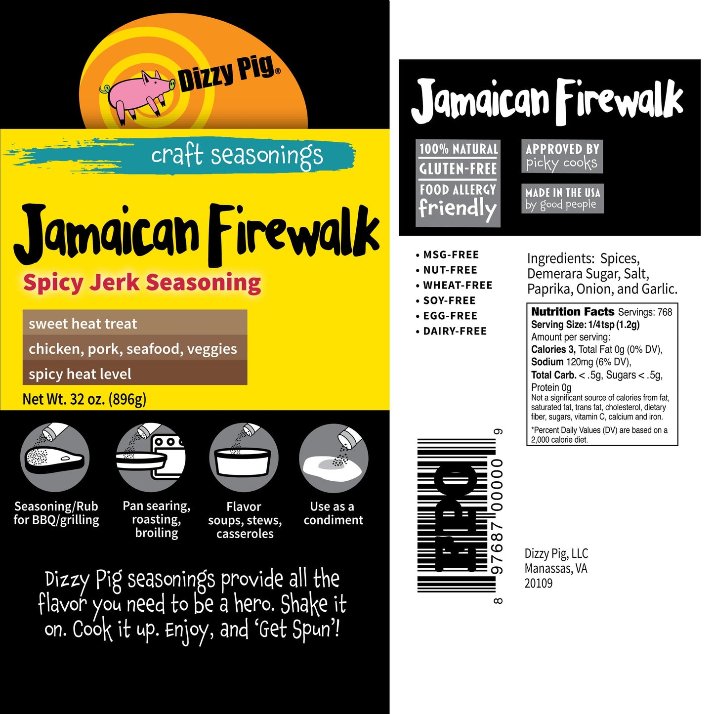 Dizzy Pig Jamaican Firewalk Spicy Jerk Seasoning Rub (Quart Shaker) - Seasons Around 120Lbs Of Food - Hand Made In The Usa - Msg Free, Gluten Free