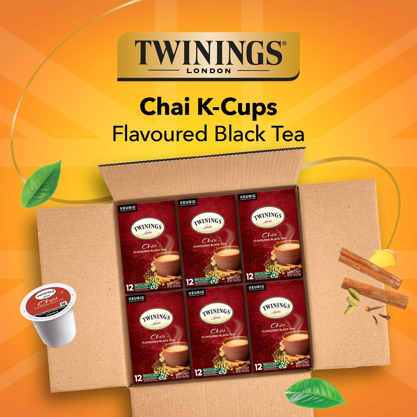 Twinings Chai Black Tea K-Cup Pods for Keurig, 12 Count (Pack of 6), Naturally Sweet, Savoury Spice Flavour, Caffeinated, Enjoy
