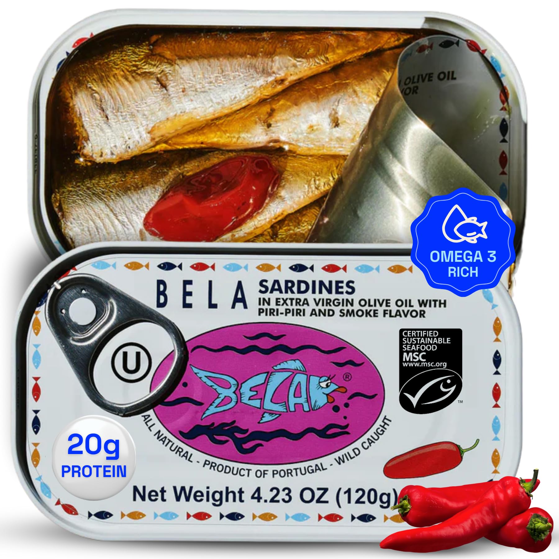 BELA Wild Caught Sardines in Piri Piri Olive Oil, Lightly Smoked, 4.25 Oz