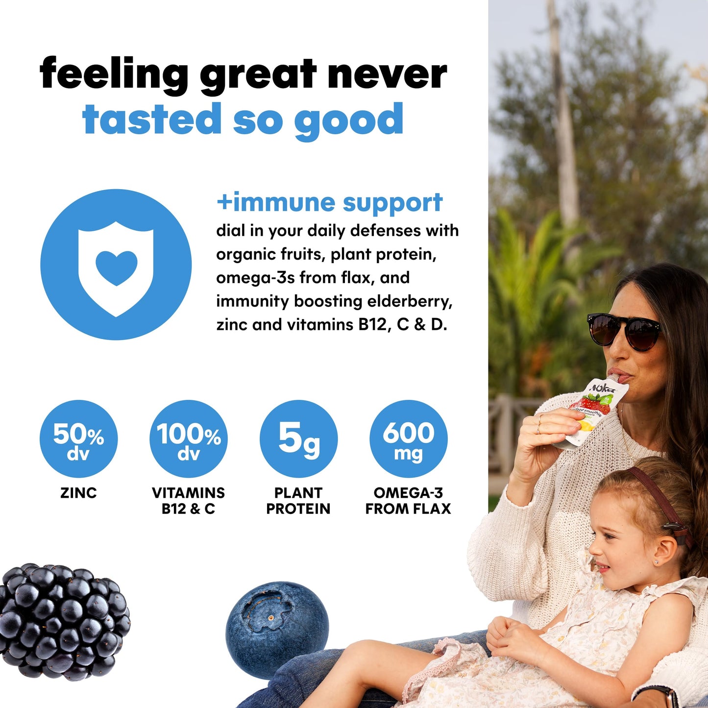 Noka Superfood Fruit Smoothie Pouches, Super Berry With Immune Support, Healthy Snacks With Elderberry, Flax Seed, Plant Protein