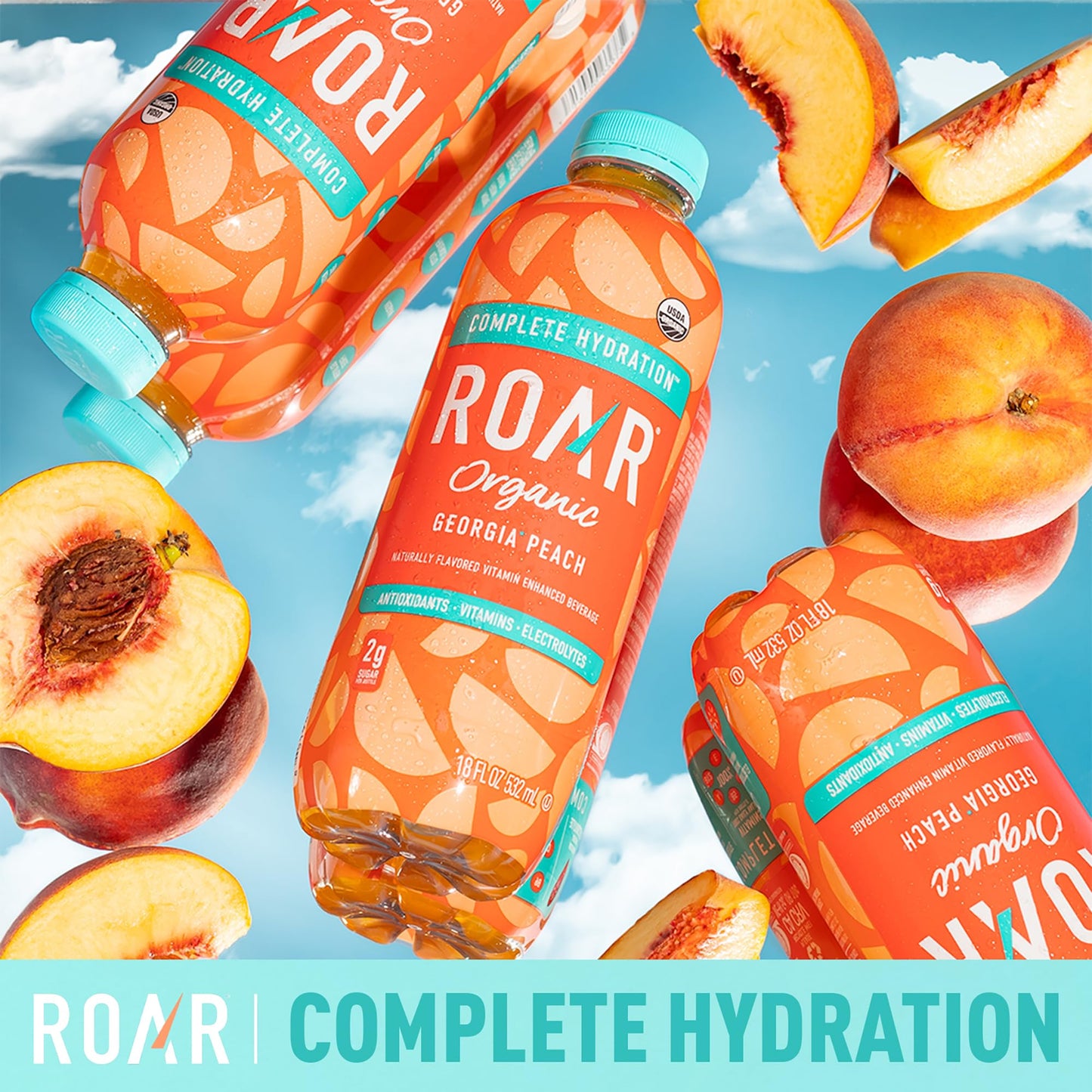Roar Complete Hydration Organic - Electrolyte Drinks Loaded With Vitamins C, B5, B12 - Non-Gmo, Gluten-Free - Georgia Peach - 12 Pc