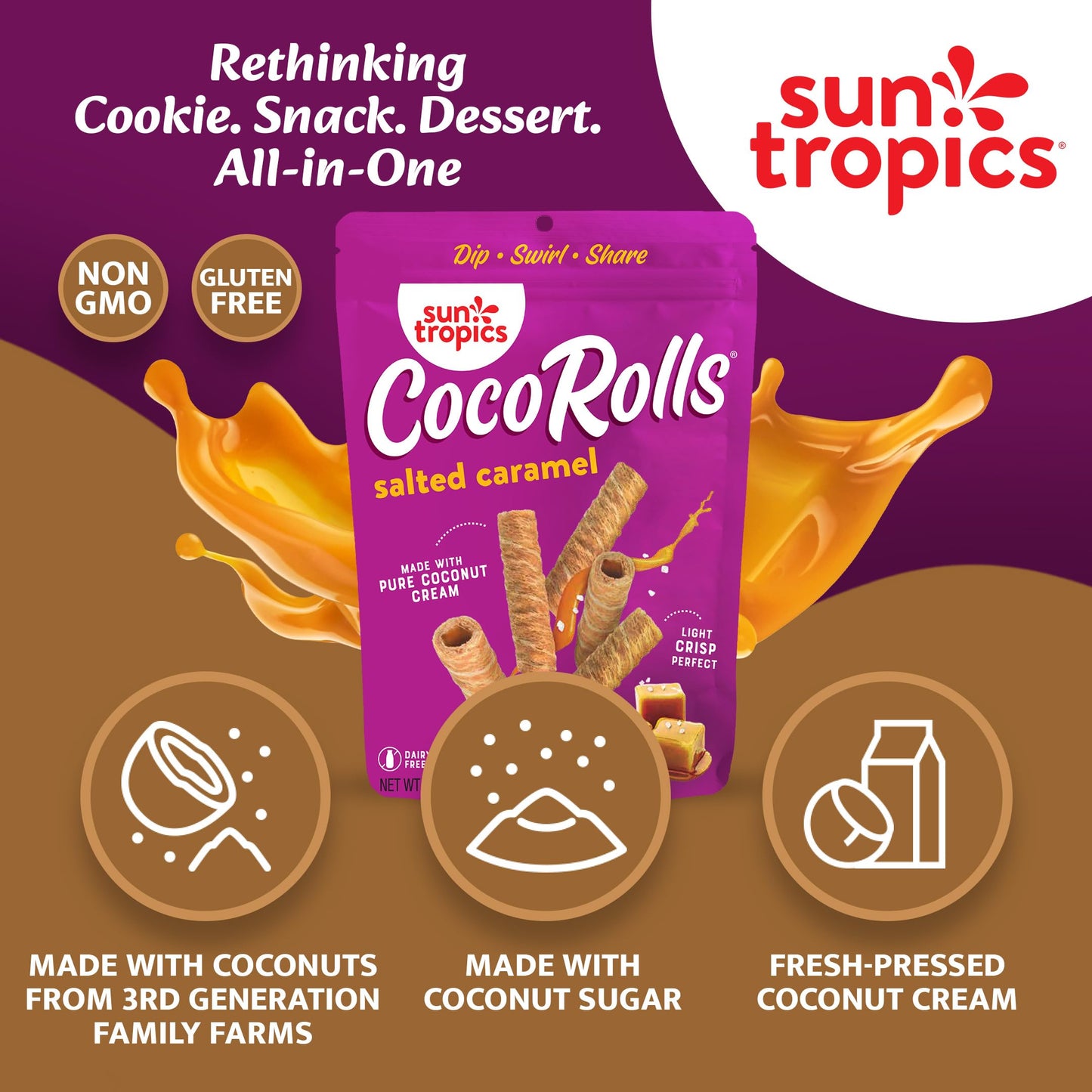Sun Tropics Cocorolls Salted Caramel, Gluten Free, Dairy Free, Snack-Crisp Rolled Wafer Made With Pure Coconut Cream, 6 Count