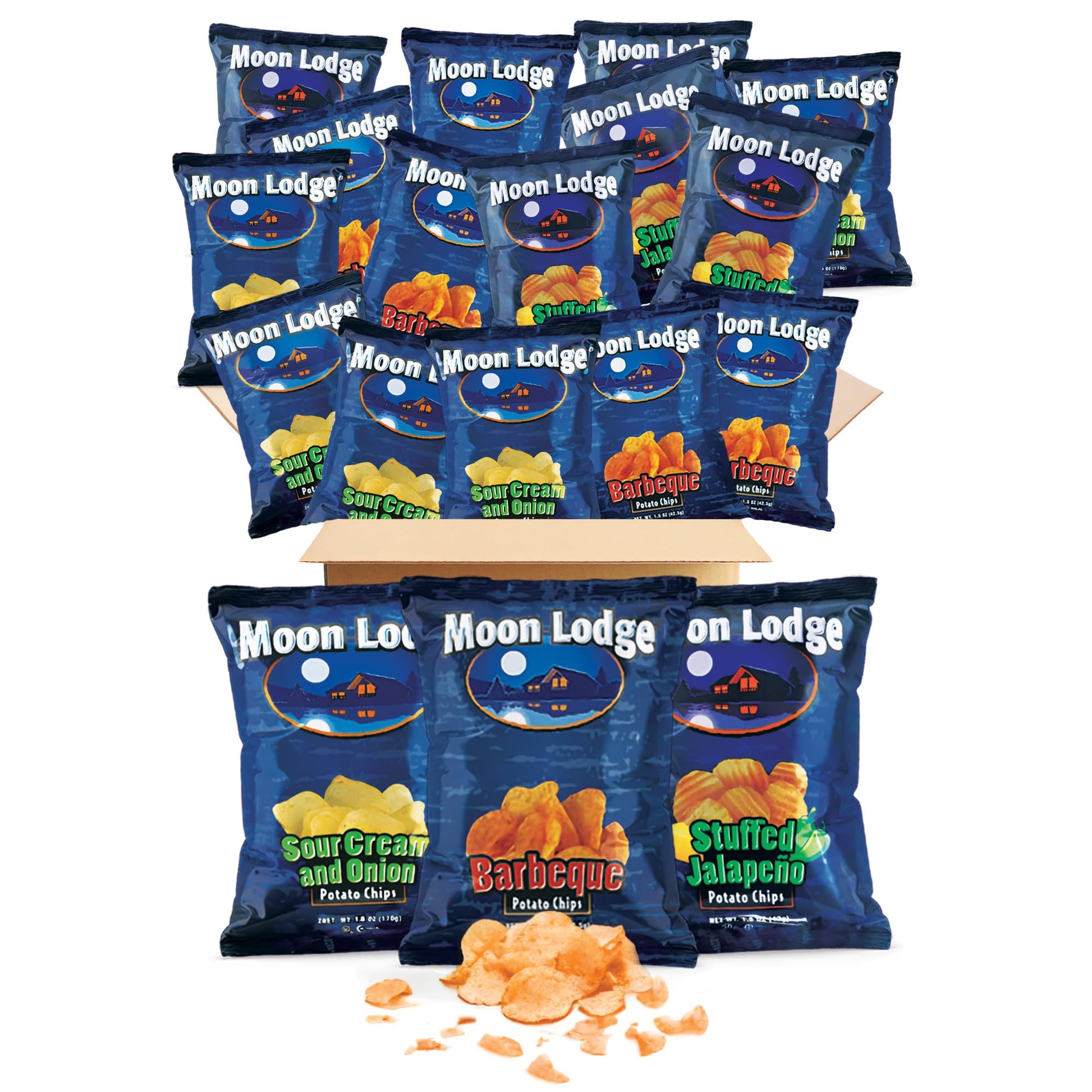 Moon Lodge Chips Variety Pack - 18 Bold Flavored Potato Chips - Barbeque, Stuffed Jalapeo, Sour Cream & Onion - Kosher & Halal S