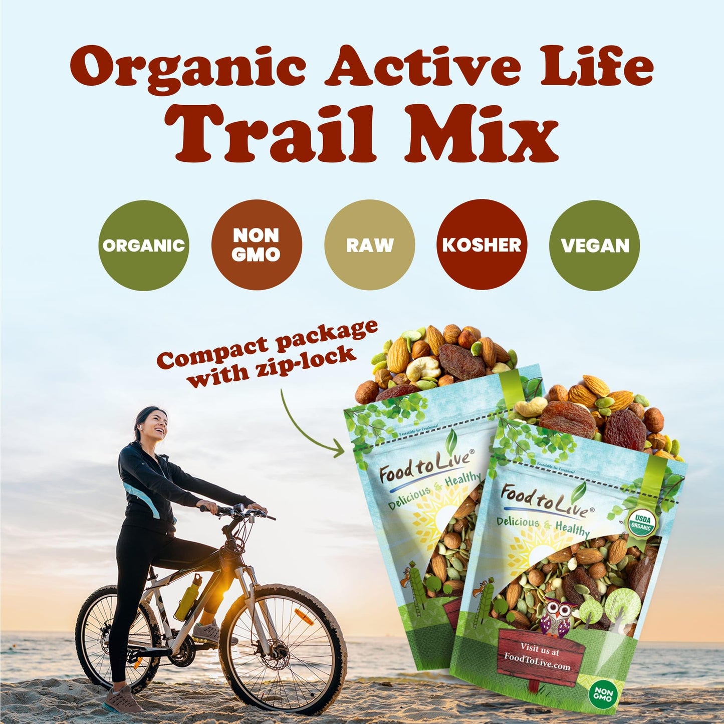 Food to Live Organic Active Life Trail Mix, 4 Ounces - Raw and Non-GMO Snack Mix Contains Cashews, Pumpkin Seeds, Apricots, Haze