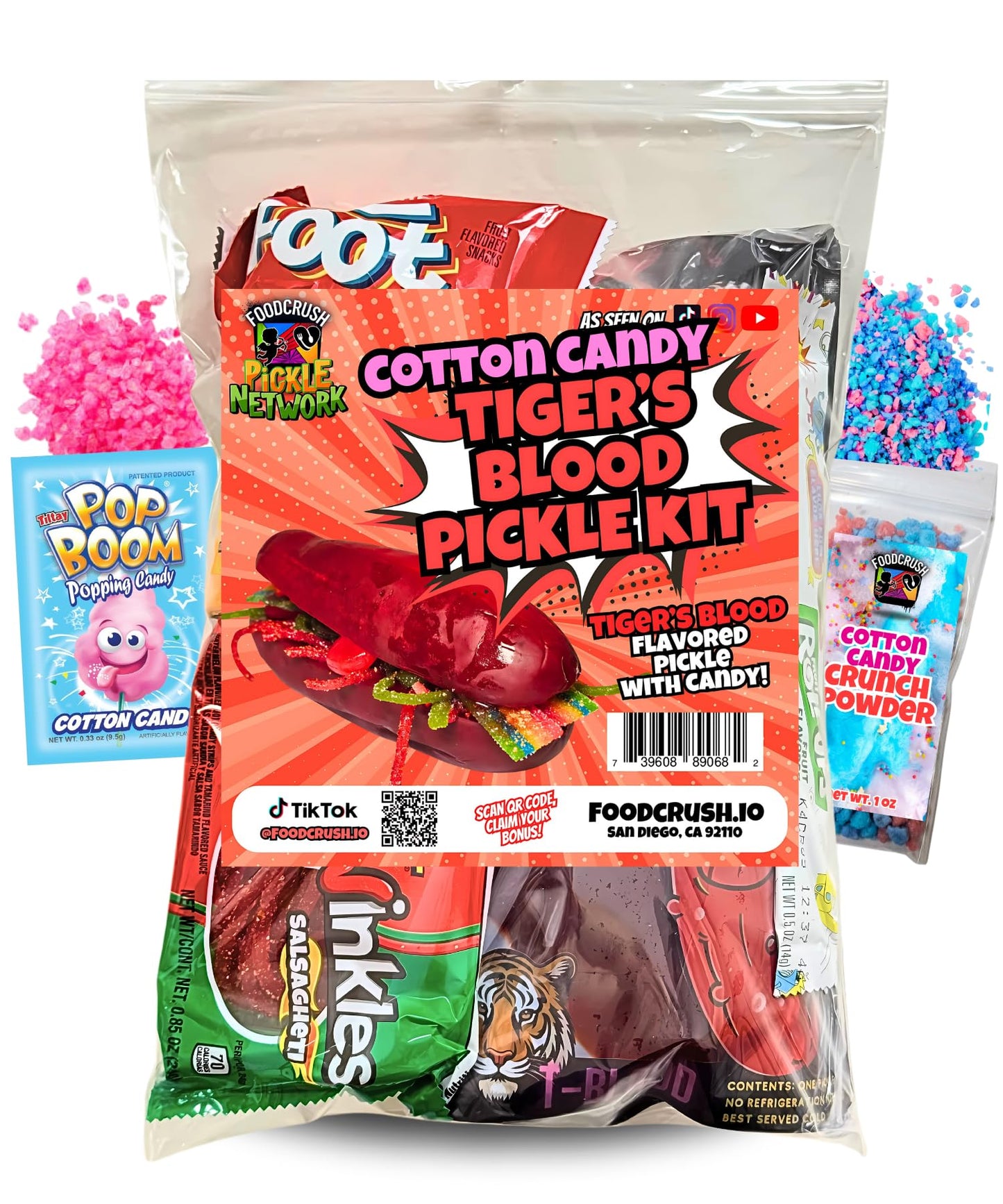 Food Crush Tigers Blood Cotton Candy Pickle Kit - 13 Pcs Variety Pack for Kids and Teens, Includes Fruit Roll Ups and Mexican Snacks