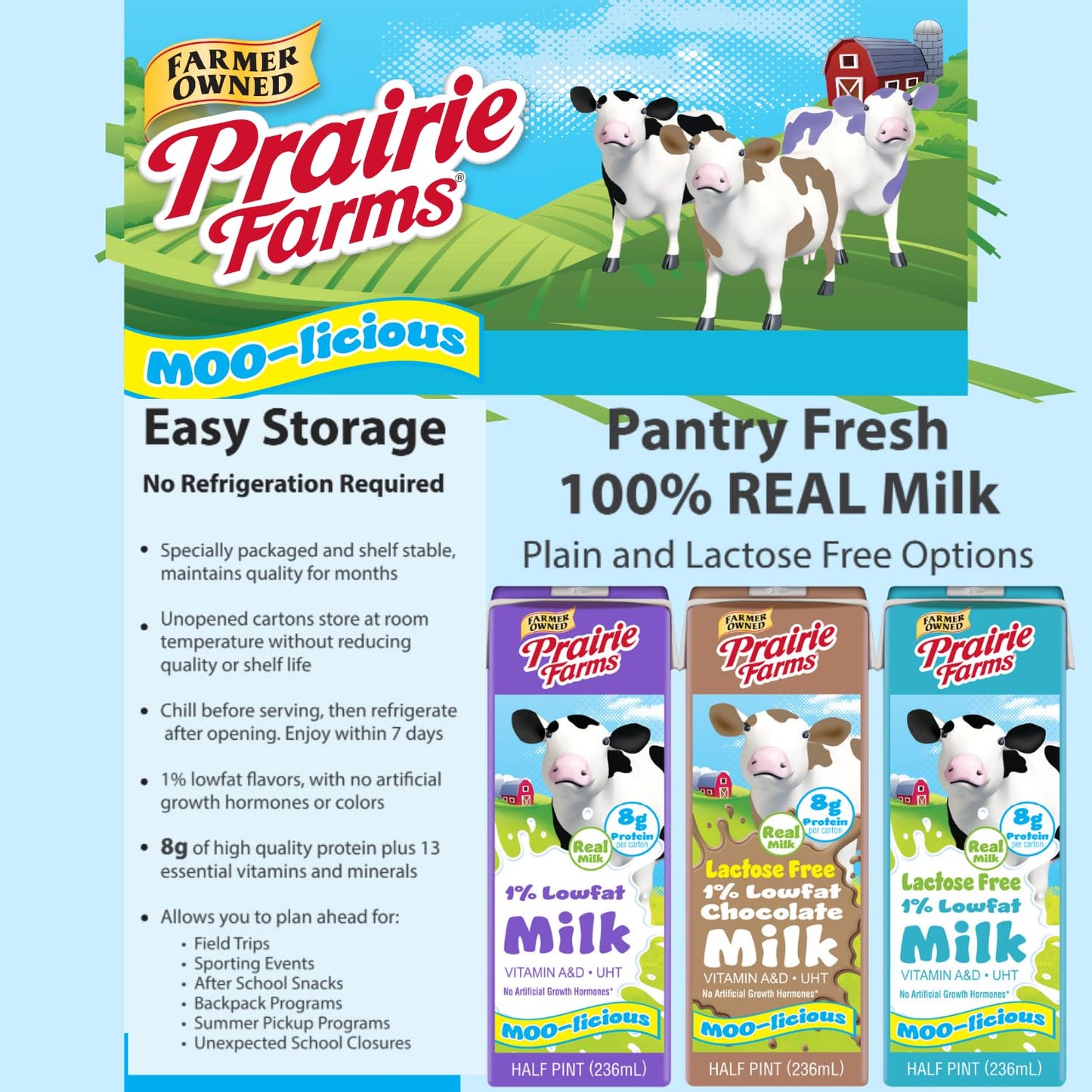 Prairie Farms Lactose Free Milk  Shelf Stable 1% Low Fat Milk Boxes Vitamin D  Gluten Free  Ultra Pasteurized (UHT)  Kosher - 8oz. (27 Pack)