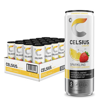 CELSIUS Sparkling Strawberry Lemonade, Functional Essential Energy Drink, 12 Fl Oz (Pack of 24)