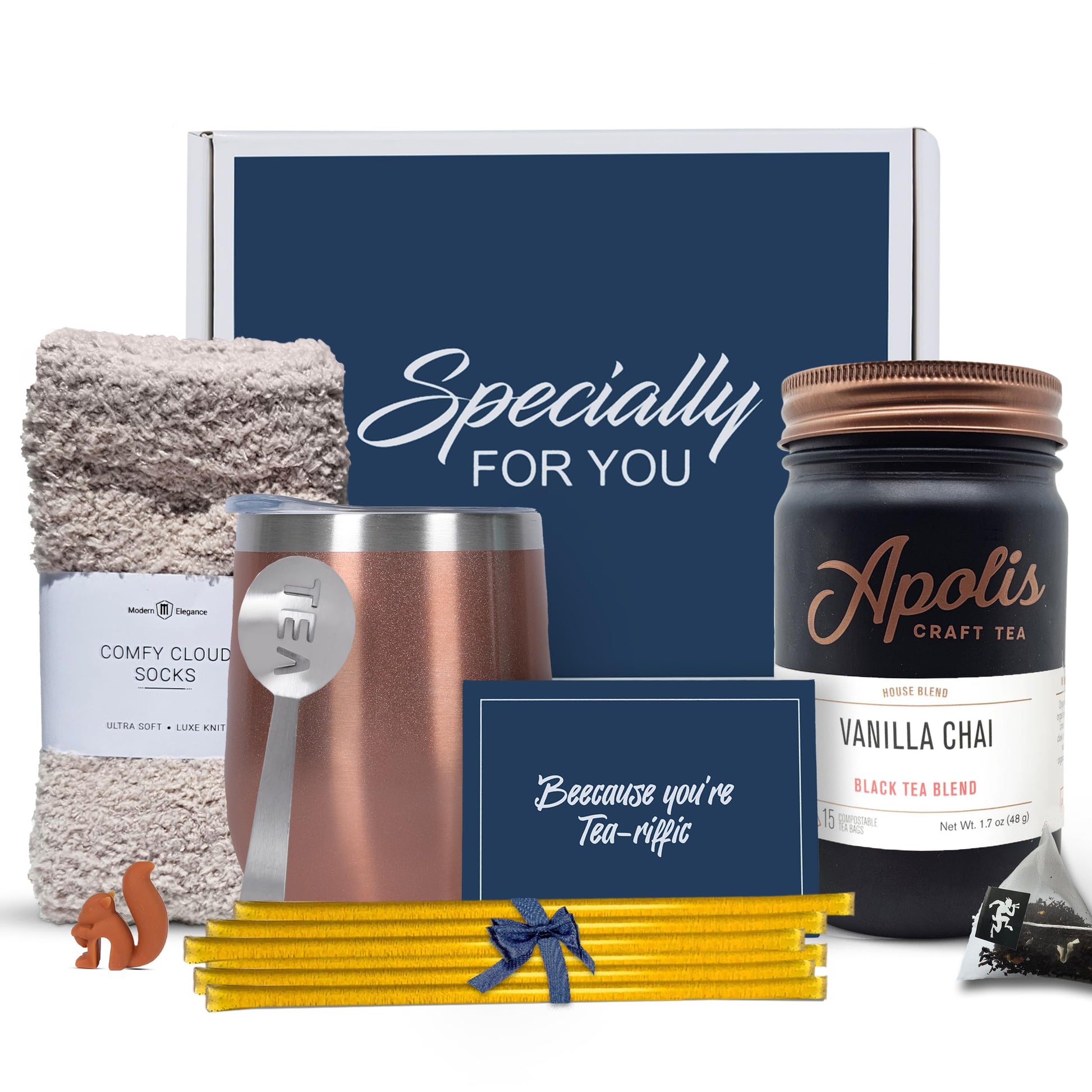 Modern Elegance Tea Gift Set for Women with 15 Tea Sachets, 10 Honey Straws, Cozy Socks, and Greeting Card - Vanilla Chai