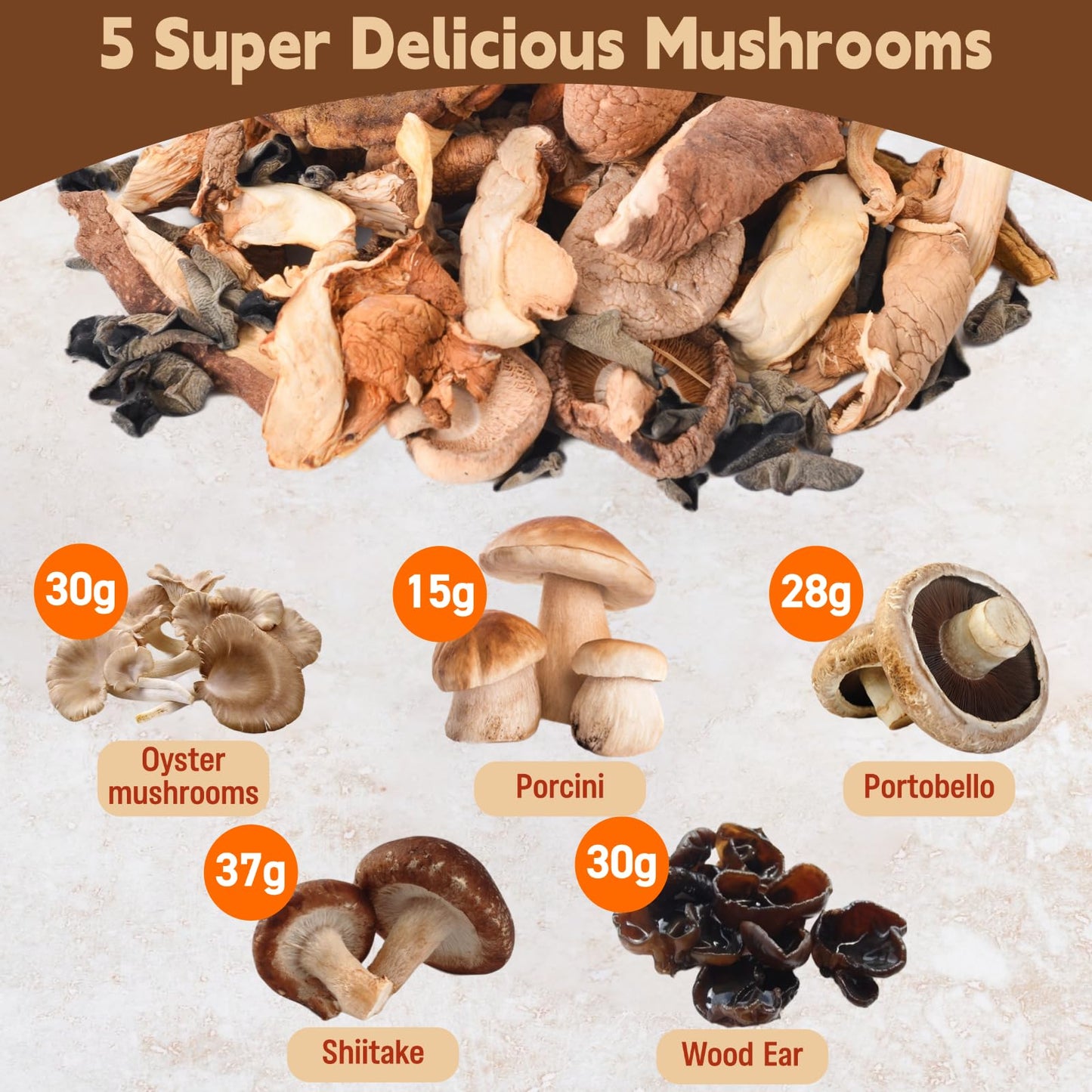 5 Kinds Dried Mixed Wild Mushrooms For Cooking, 5Oz(140G) Dehydrated Mushrooms Including Porcini Shiitake Oyster Portobello Fung