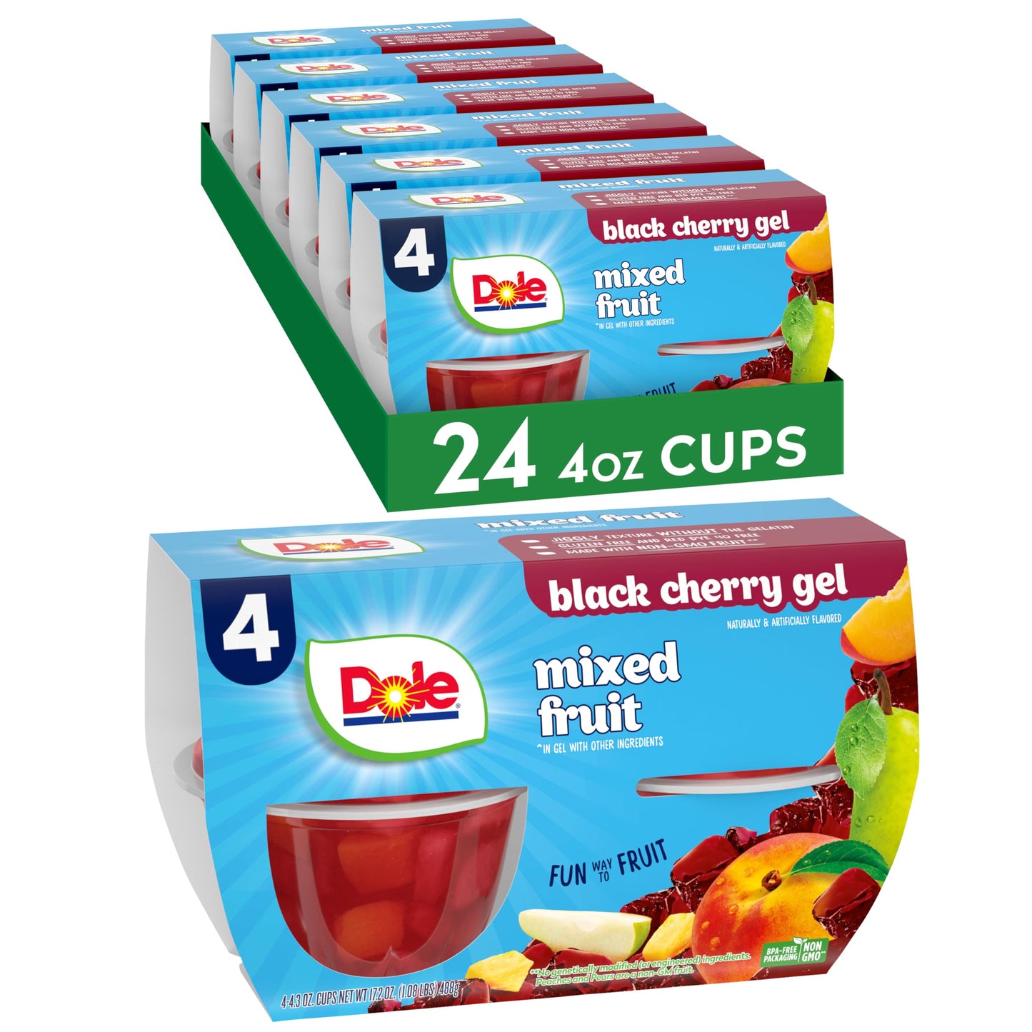 Dole Fruit Bowls Mixed Fruit in Black Cherry Gel, Gluten Free Snack, 4.3 oz, Pack of 24 Cups