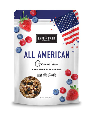Safe + Fair All American Granola – Gluten-Free & Vegan Snack – Whole Grain Oats With Real Strawberries, Blueberries, And Cranberries – Non-Gmo, Kosher, No Preservatives - 12Oz