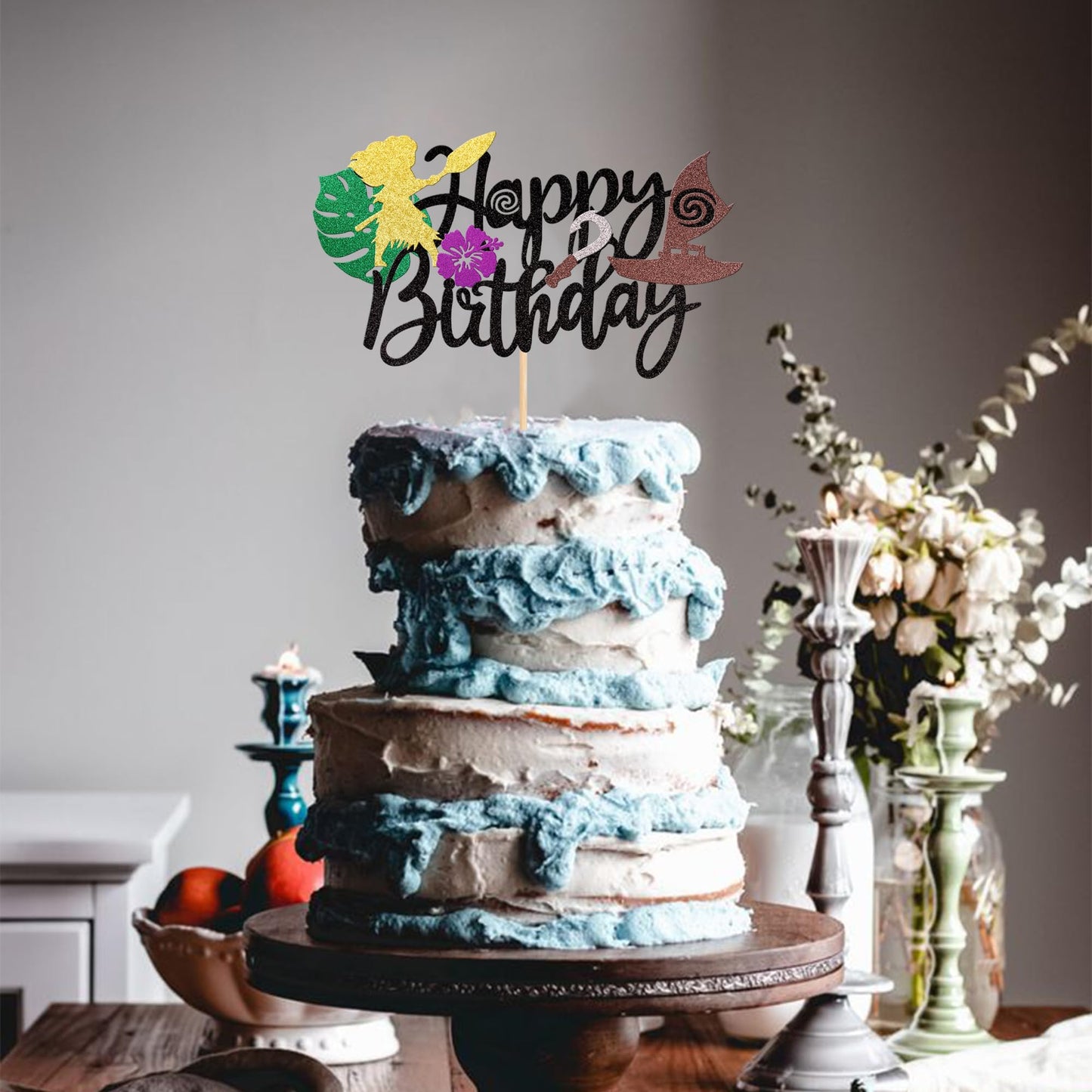 1 Pcs Moana Inspired Cake Topper Black Glitter Palm Leaf Flower Happy Birthday Cake Pick Decoration For Tropical Hawaiian Luau T
