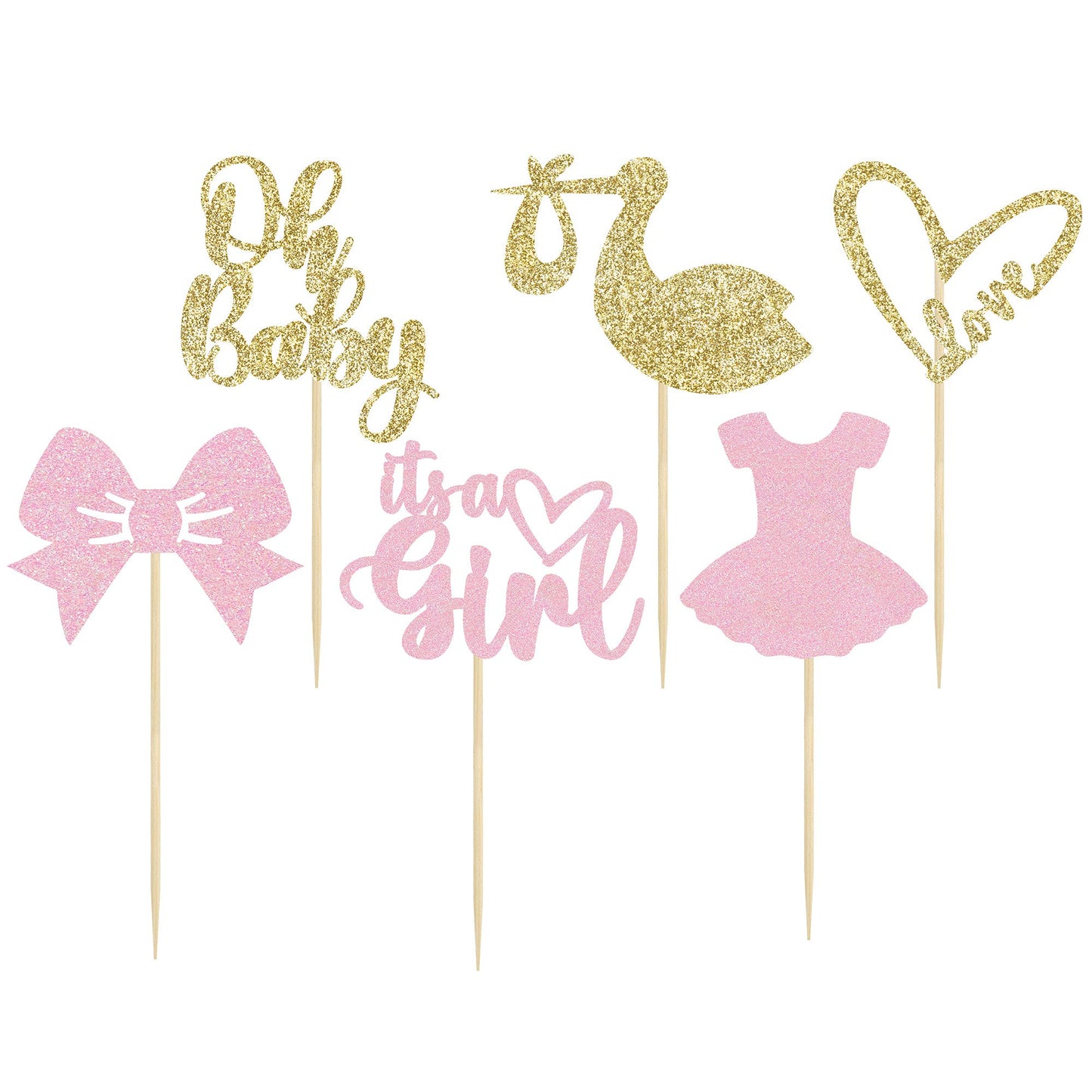 Gyufise 36 Pack Oh Baby Cupcake Toppers It'S A Girl Cupcake Toppers With Bow Dress Love Heart Glitter Cake Picks Decorations For