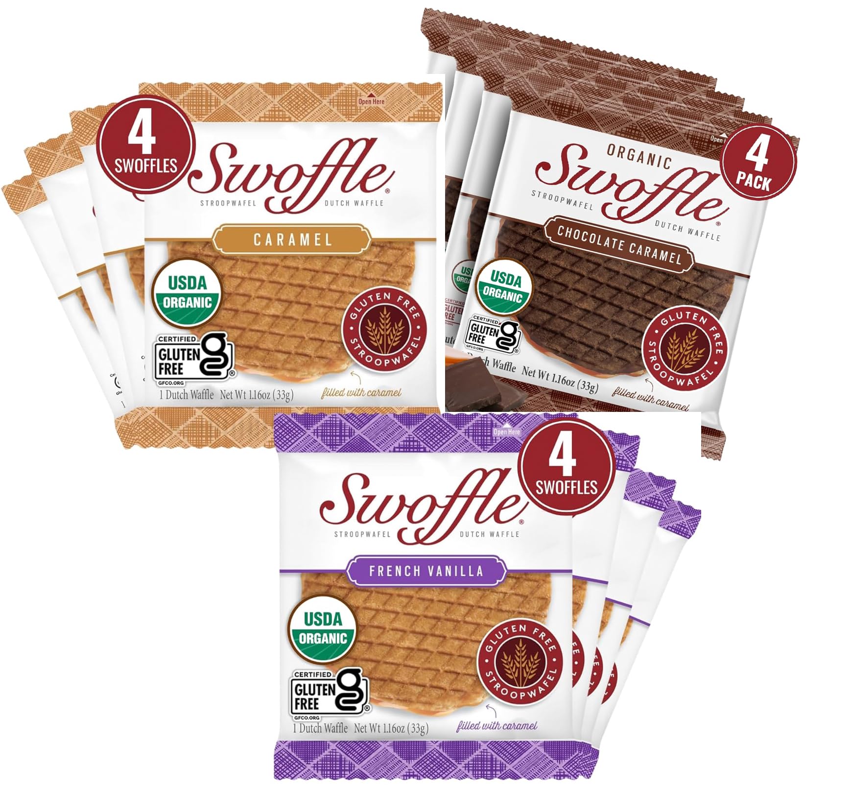 Gluten Free Certified Organic Stroopwafels by Swoffle - Caramel Filled, French Vanilla & Chocolate Caramel| (12) Individually Wr