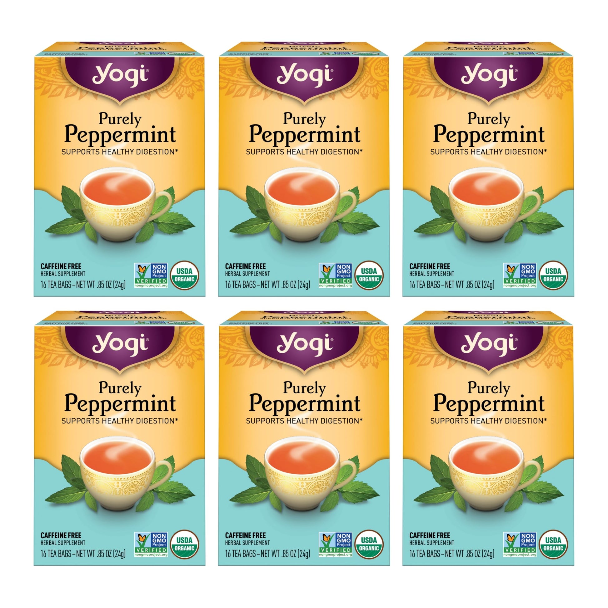 Yogi Tea - Purely Peppermint Tea (6 Pack) - Supports Healthy Digestion - Caffeine Free - 96 Organic Herbal Tea Bags
