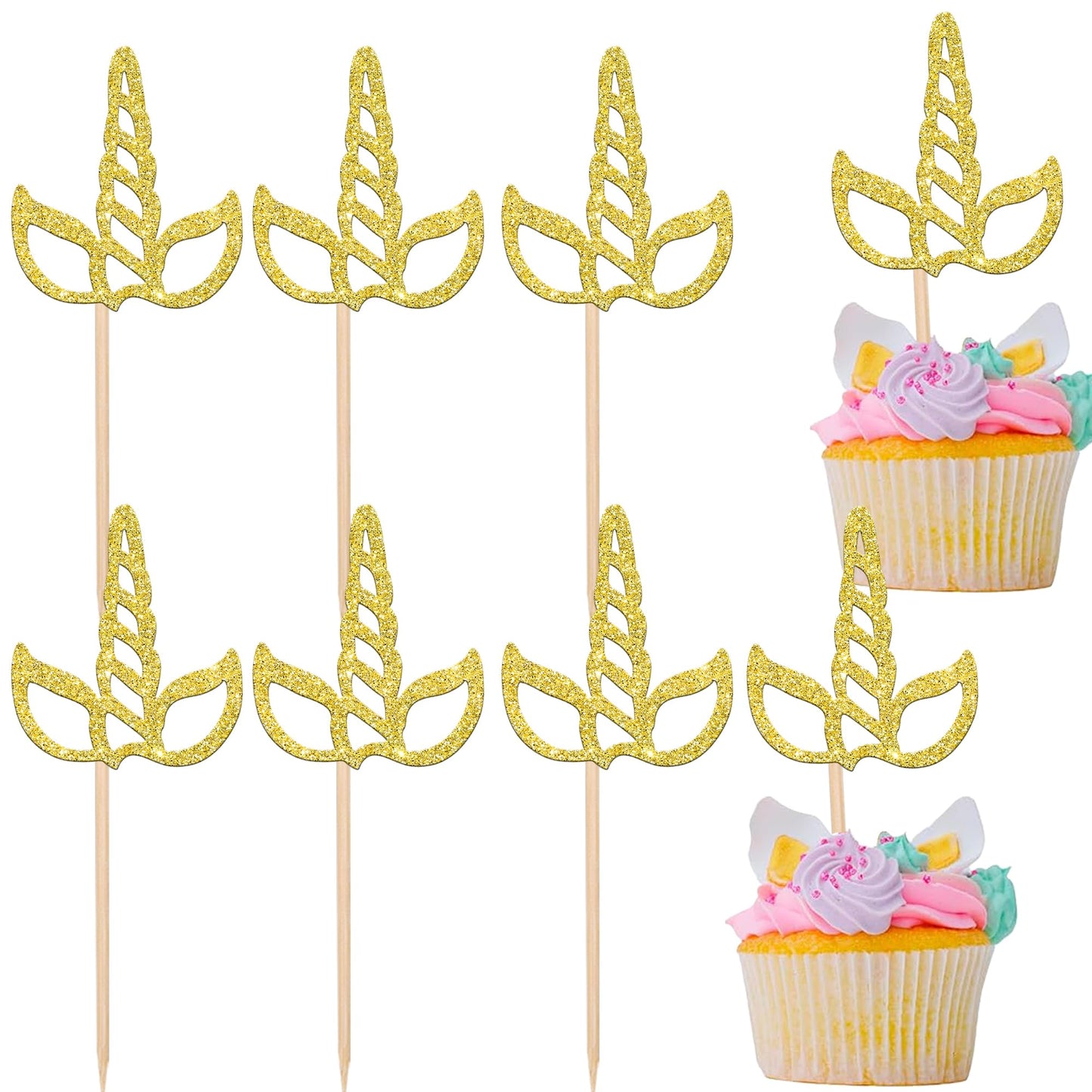 Rsstarxi Unicorn Horn Cupcake Toppers, 24 Pack, Glitter Paper Decorations for Baby Shower & Kids Birthday Party, Design 3 Gold