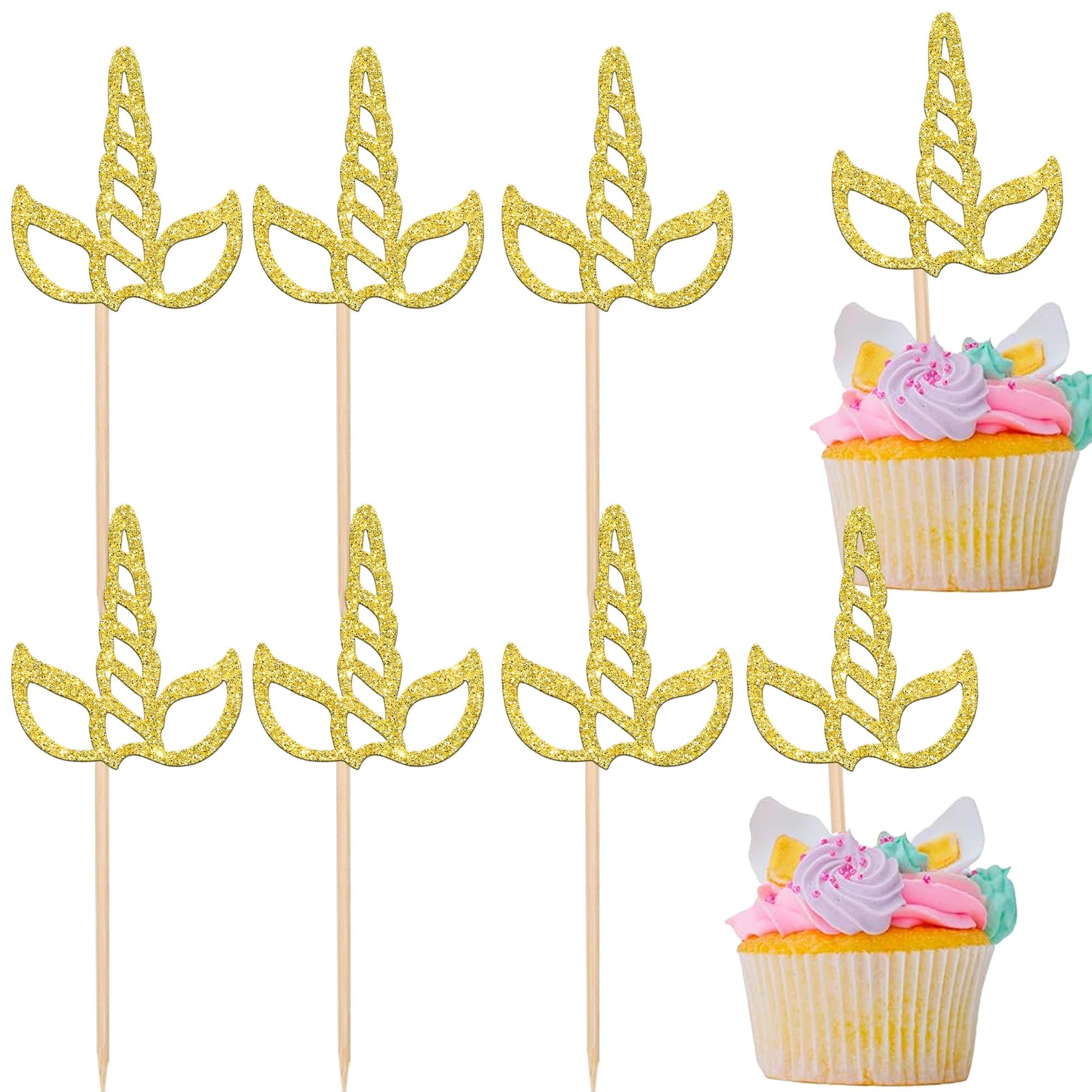 Rsstarxi Unicorn Horn Cupcake Toppers, 24 Pack, Glitter Paper Decorations for Baby Shower & Kids Birthday Party, Design 3 Gold