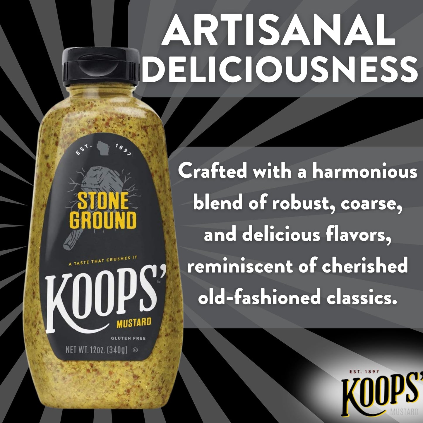 KOOPS Stone Ground Mustard, Old-Fashioned, Gluten-Free, Kosher, Non-GMO, 12 Oz, Pack of 2