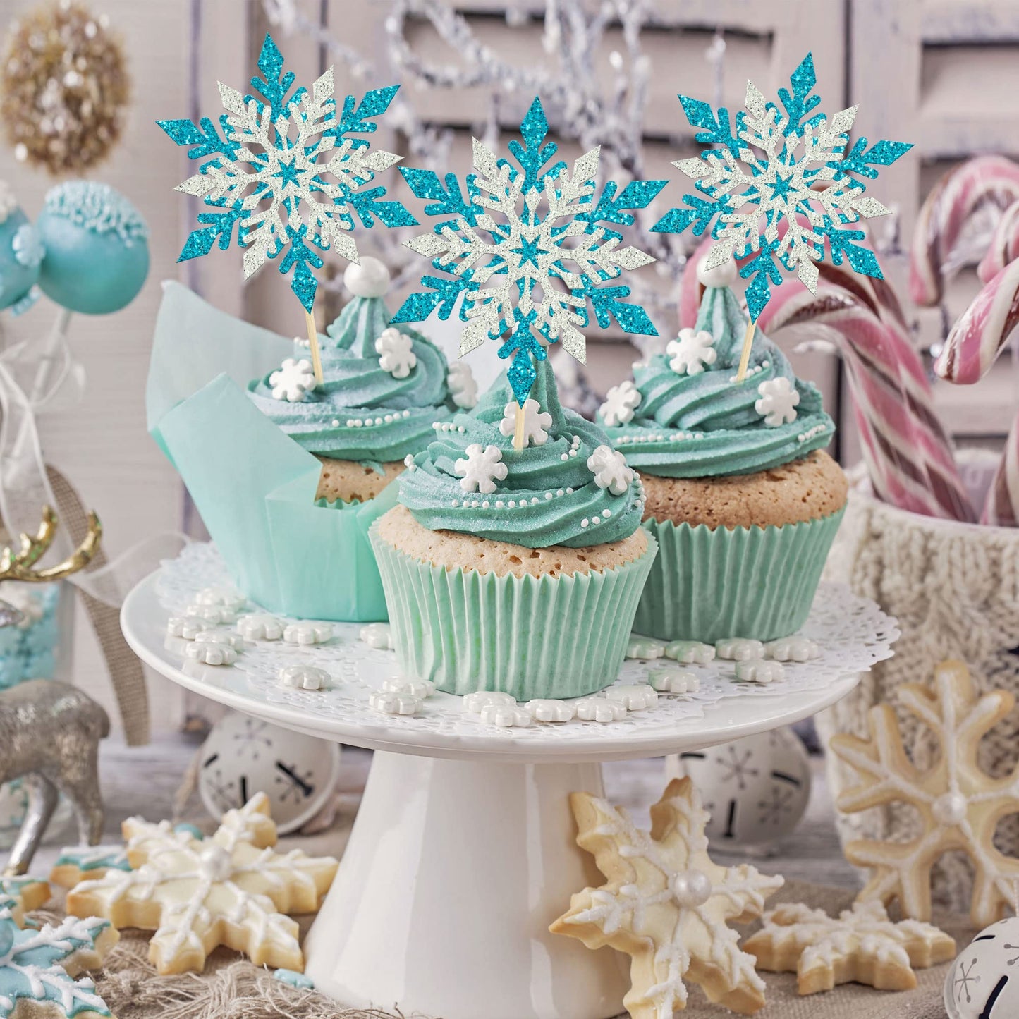 Gyufise 24 Pack Snowflake Cupcake Toppers Double Layers Silver And Blue Winter Frozen Theme Cupcake Picks Baby Shower Kids Birth