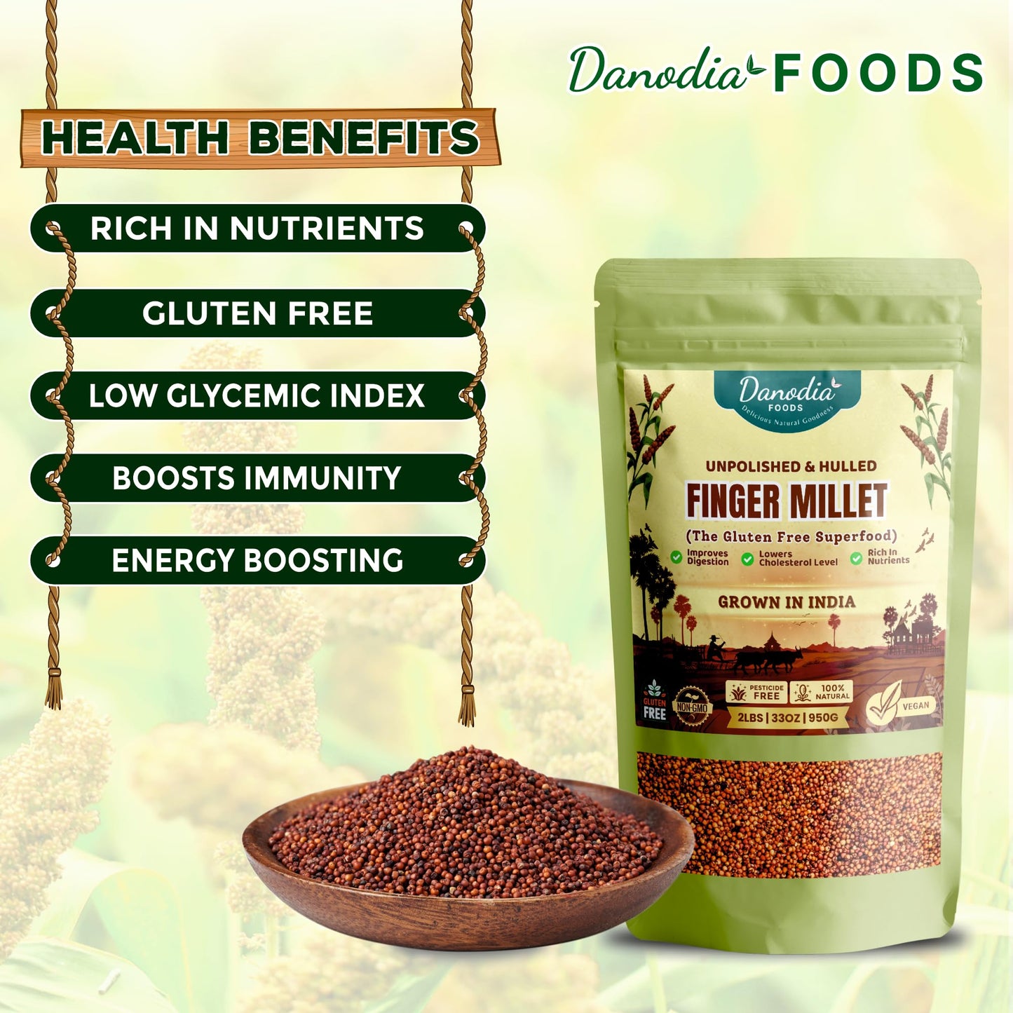 Danodia Foods Whole Grain Finger Millet (Ragi) - 2lbs (950g) | Organic, Hulled, Unpolished, Gluten-Free, Natural Superfood | Hig
