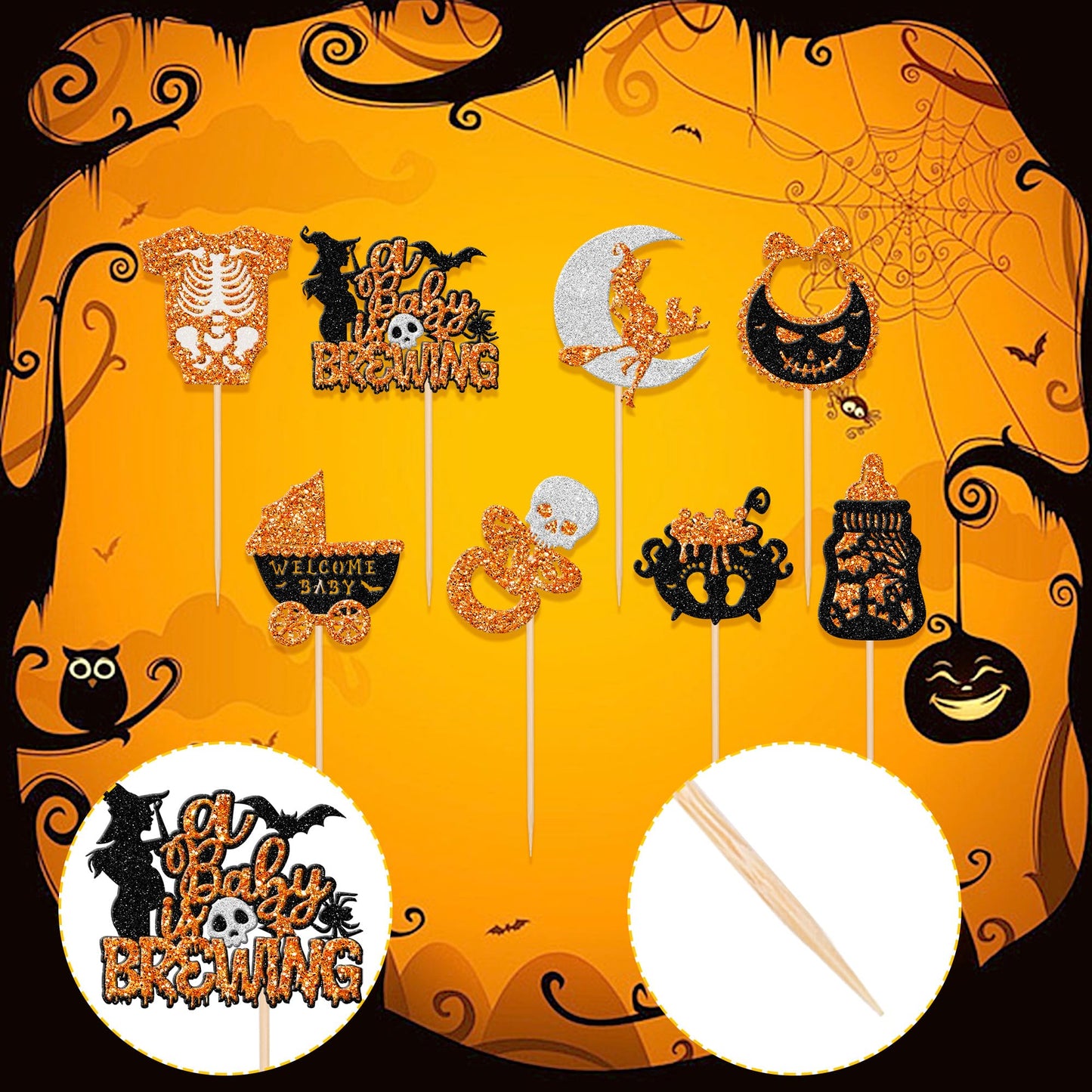 32 Pcs Halloween Baby Shower Cupcake Toppers Glitter Welcome Baby Carriage Bottle A Baby Is Brewing Cupcake Picks For Halloween