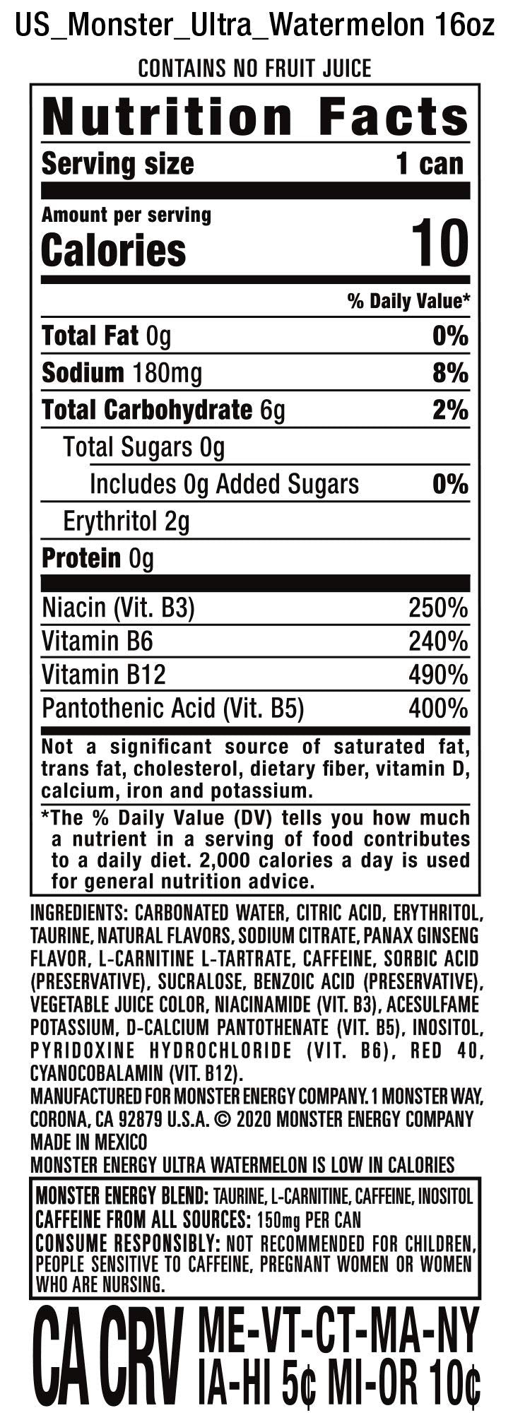 Monster Energy Ultra Watermelon Sugar Free Energy Drink, 16 Ounce, 15 Pack
