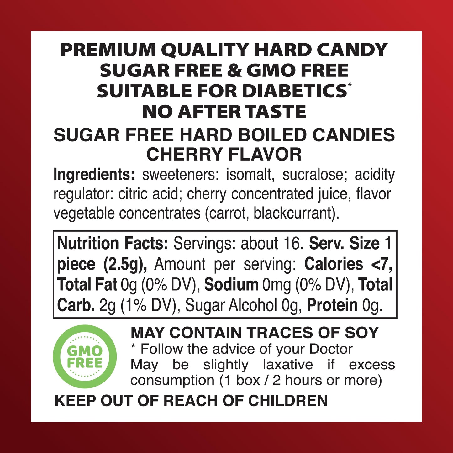 Swiss Imports Sugar Free Bonbons Hard Candy Drops, Cherry, 17.6 Oz/ 500G Bocca Box With 200 Individually Wrapped Pieces