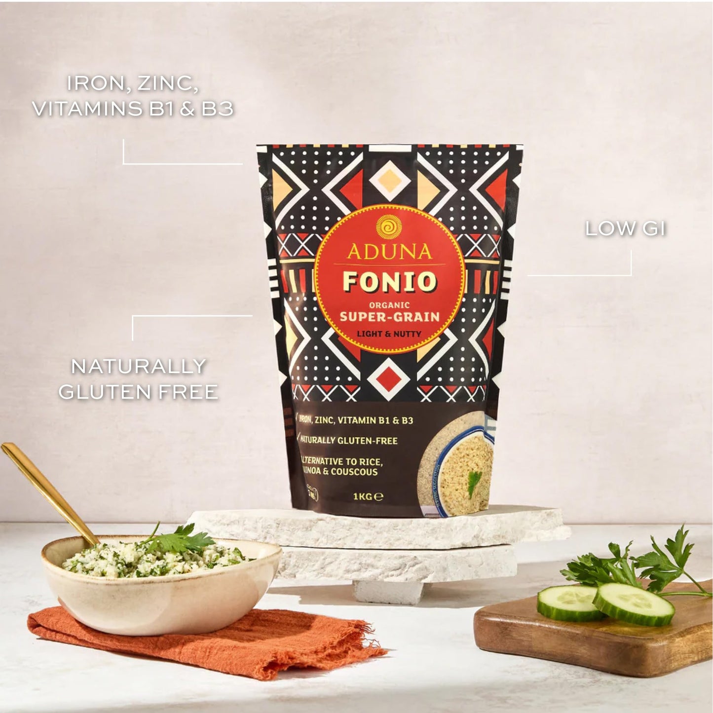Aduna Organic Fonio Super-Grain, Gluten-Free, Non-GMO, 2.2 lb Resealable Pouch