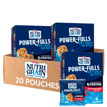 Nutri-Grain Power-Fulls Soft Baked Oat Bites, Protein Snacks, Whole Grain, Strawberry (5 Boxes, 20 Pouches)